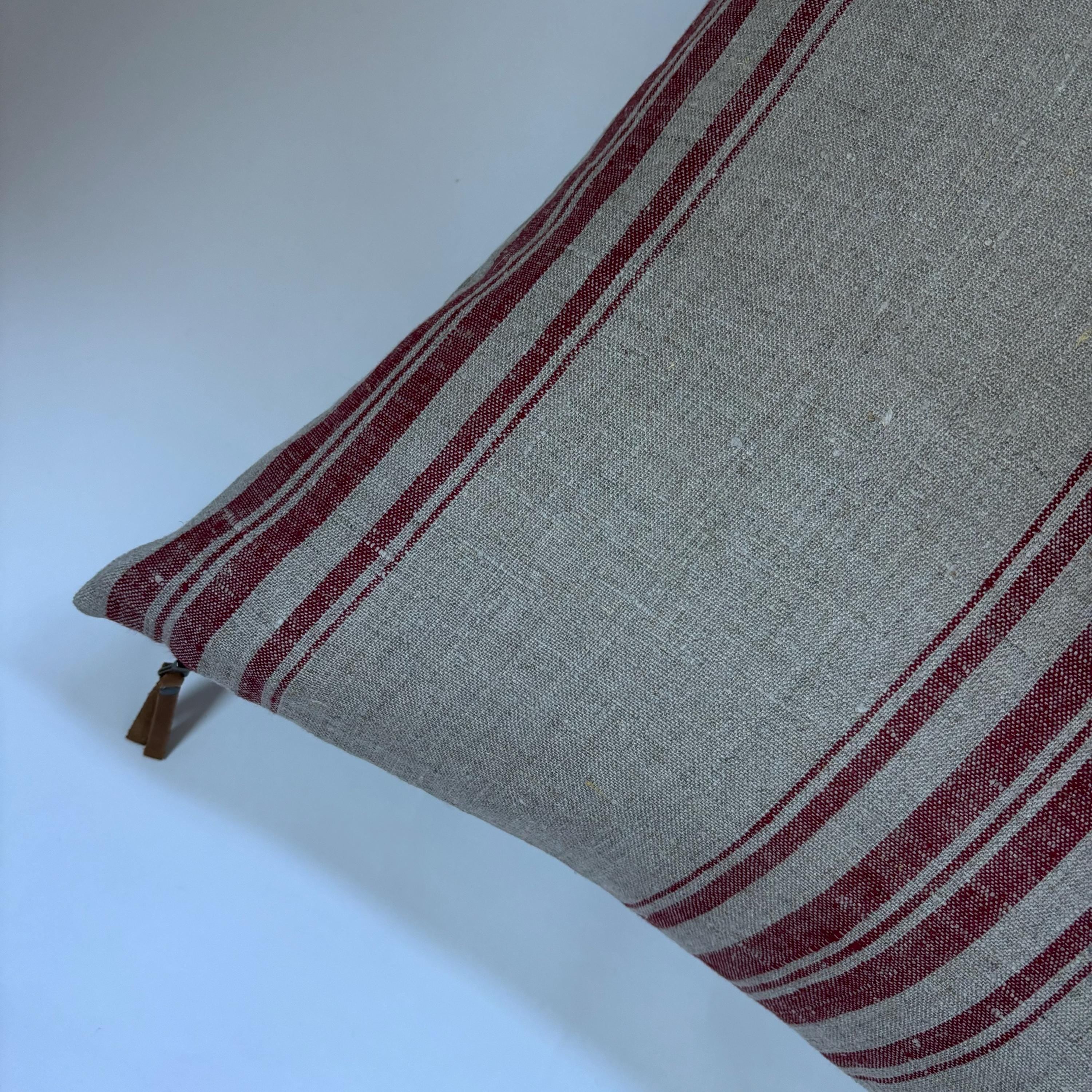 Red Striped Linen Pillow Cover: 18x18 Exposed Zipper, Leather Pull