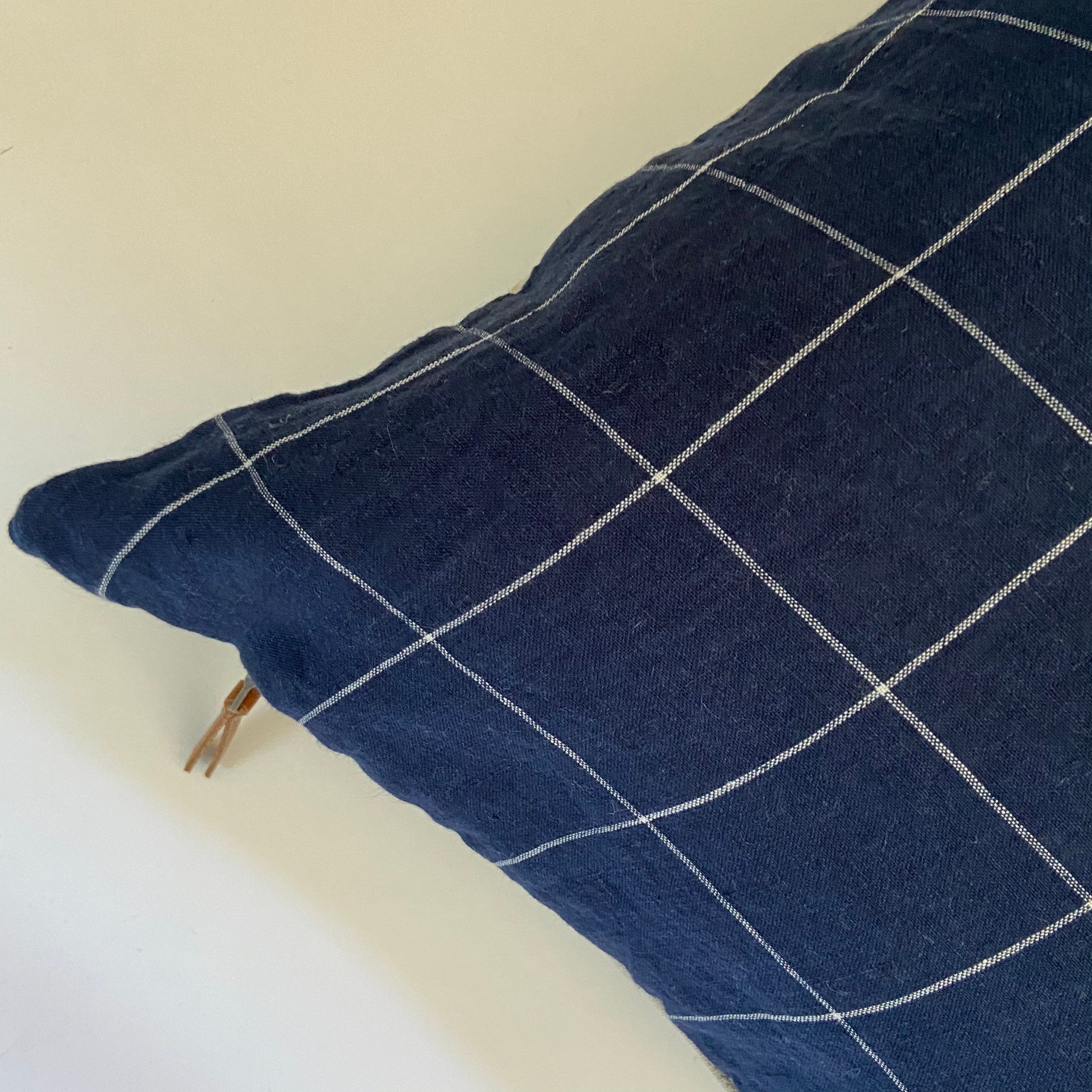 Navy and white checked linen pillow cover exposed zipper-leather pull 18x18 14x24 20x20 22x22 24x24 high quality housewarming gift