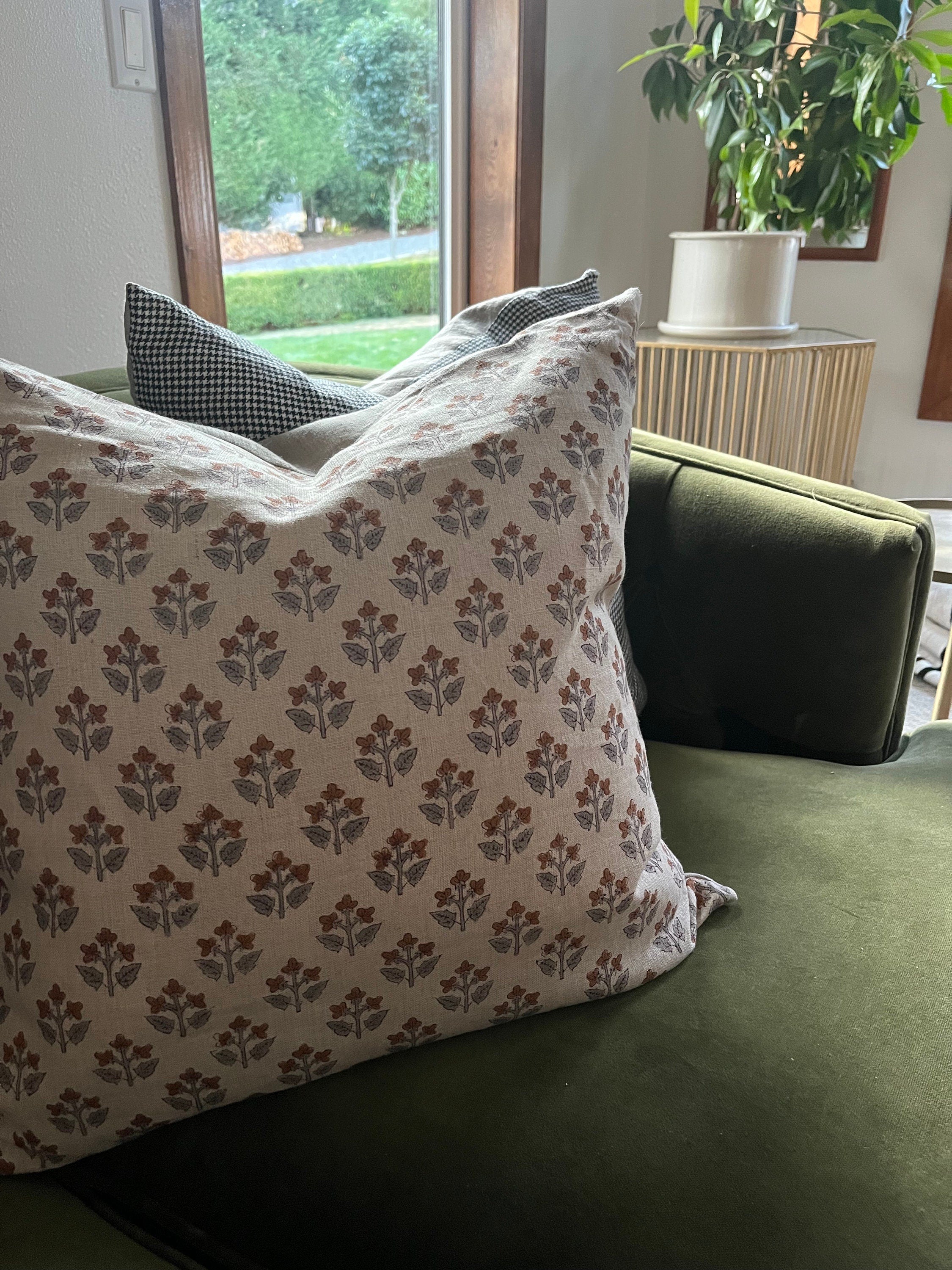 Gray and brown floral linen pillow cover exposed zipper-leather pull  14x24 20”22"24” high quality floral pillow