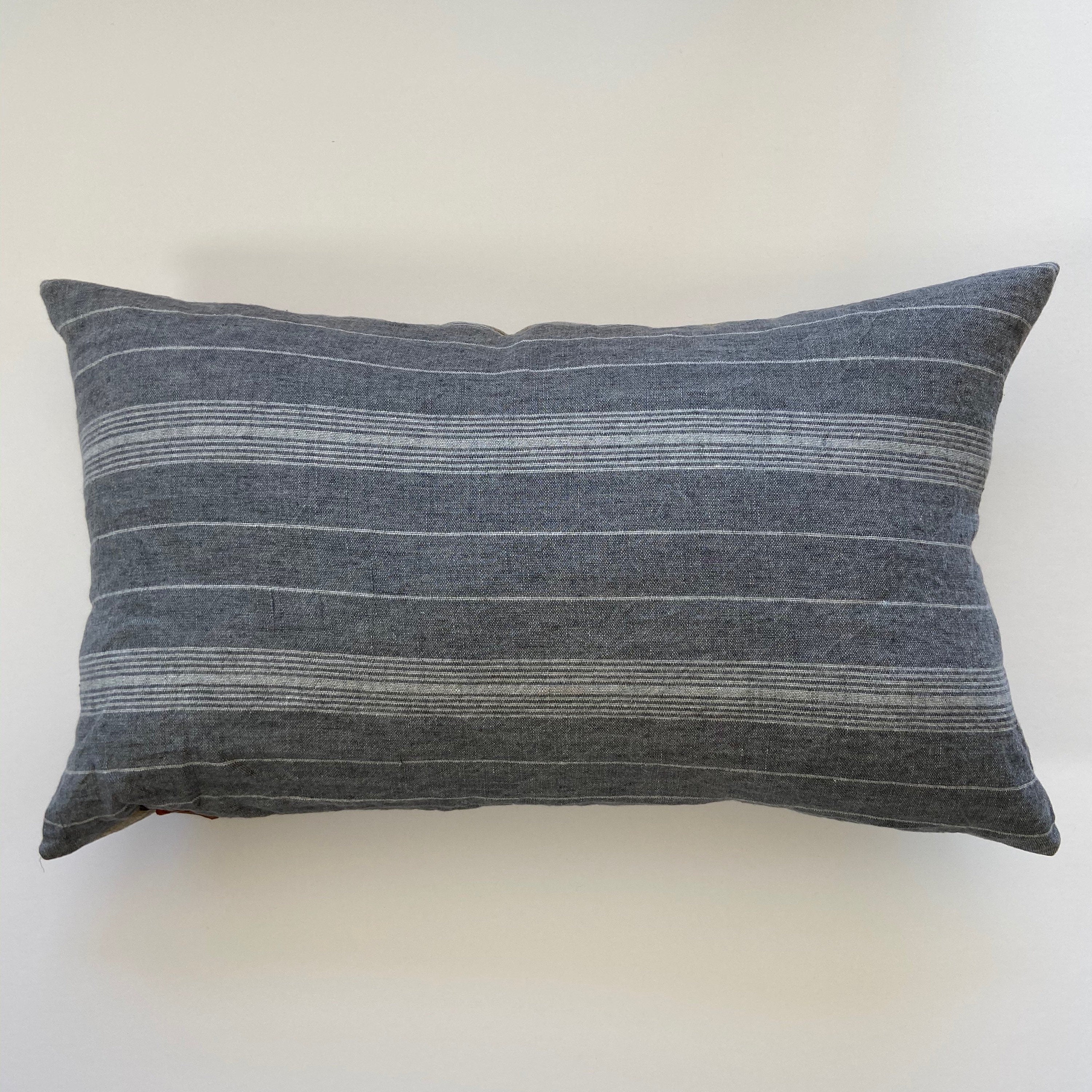 Gray blue striped linen pillow cover blue striped pillow exposed zipper-leather pull 14x24 22"2024" high quality housewarming gift