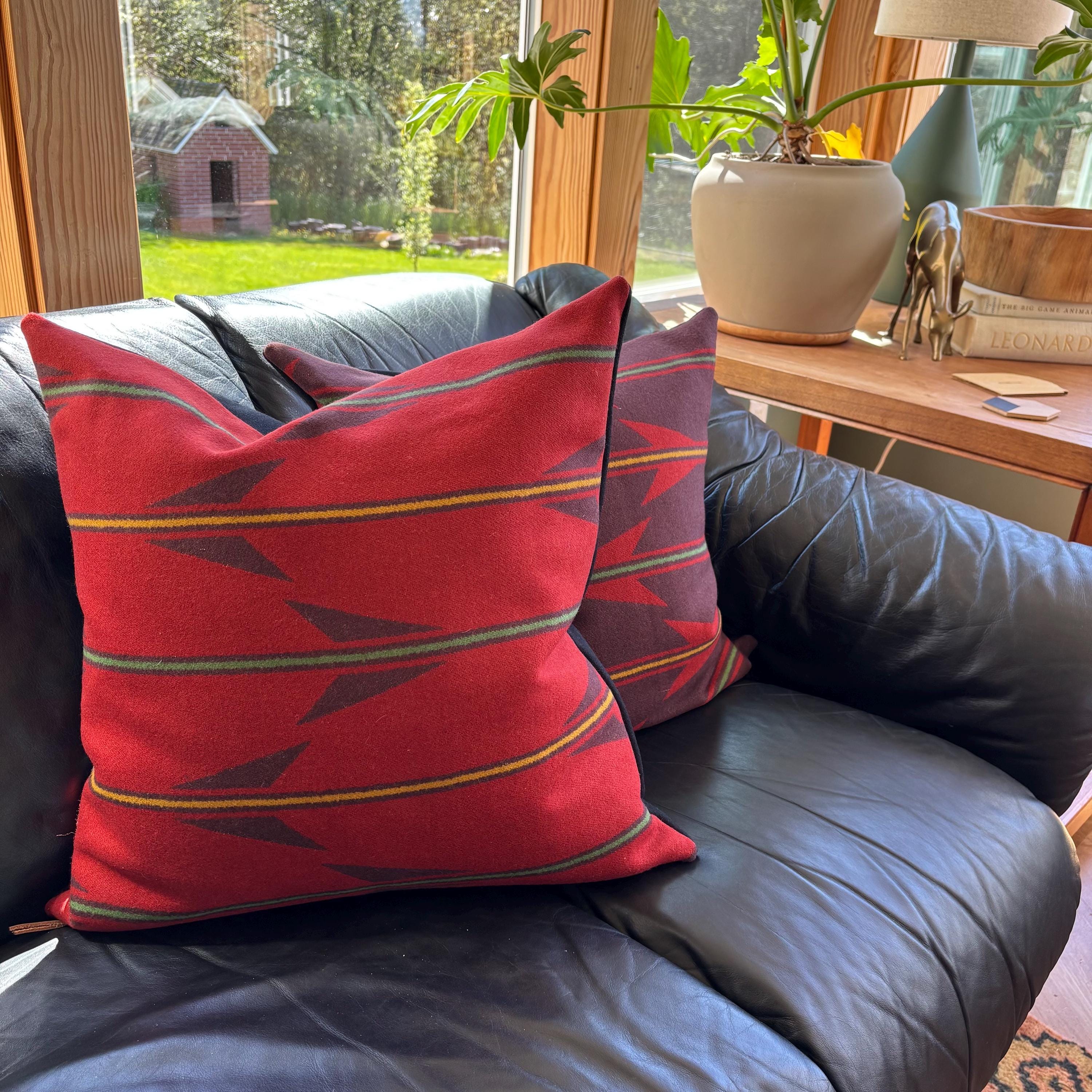 Handcrafted Red Striped Wool Pillow Cover: Leather Zipper Pull