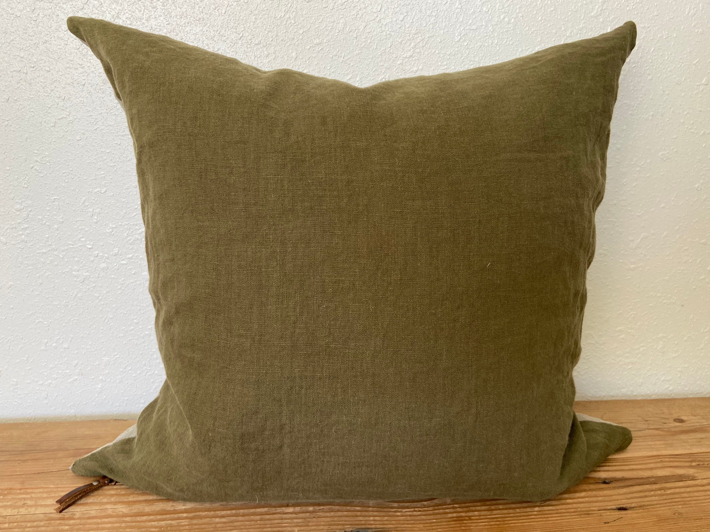 Luxury olive green linen pillow cover with neutral linen backing | exposed zipper-leather pull 20"22"24" 14x24 handcrafted by misa