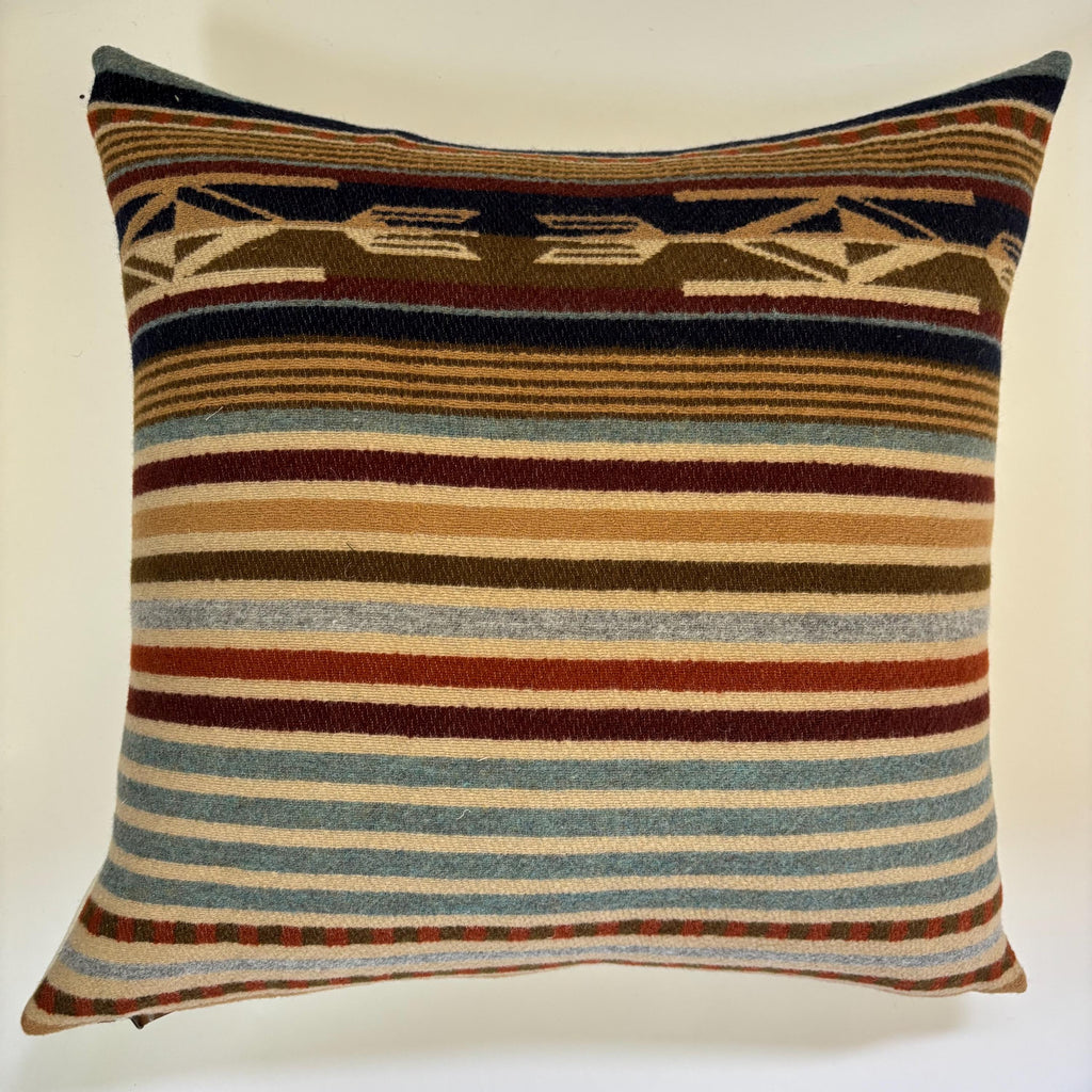 Wool Pillow Cover: Tans and rust striped Aztec Design, Leather Pull (20x20)