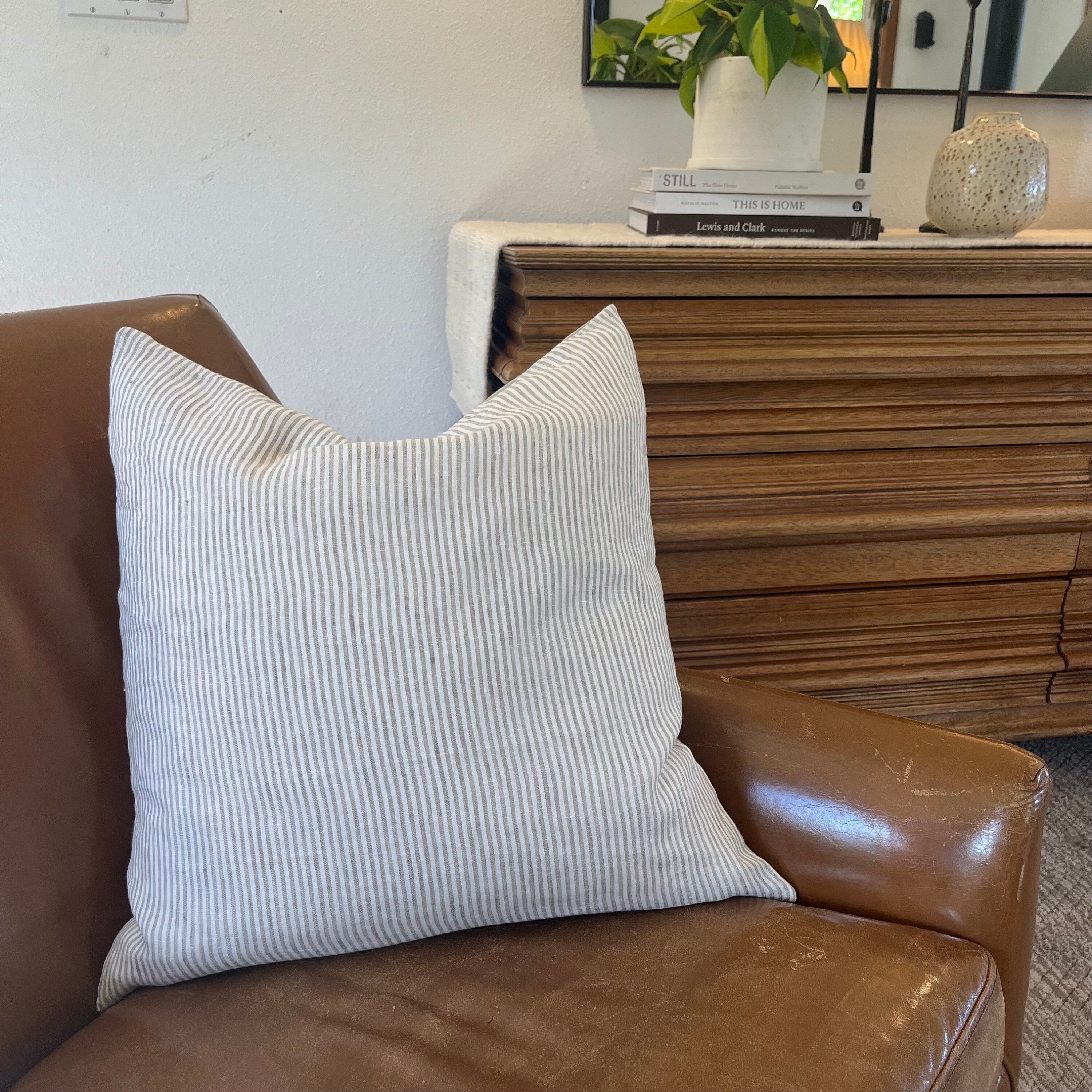 Tan and white striped linen pillow neutral pillow exposed zipper 100% linen striped pillow leather pull 24” 22" 20” 14x24” housewarming gift