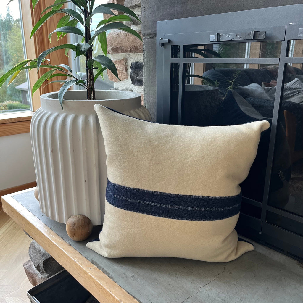 Cream wool pillow with blue stripe 18x18 exposed zipper pillow housewarming gift