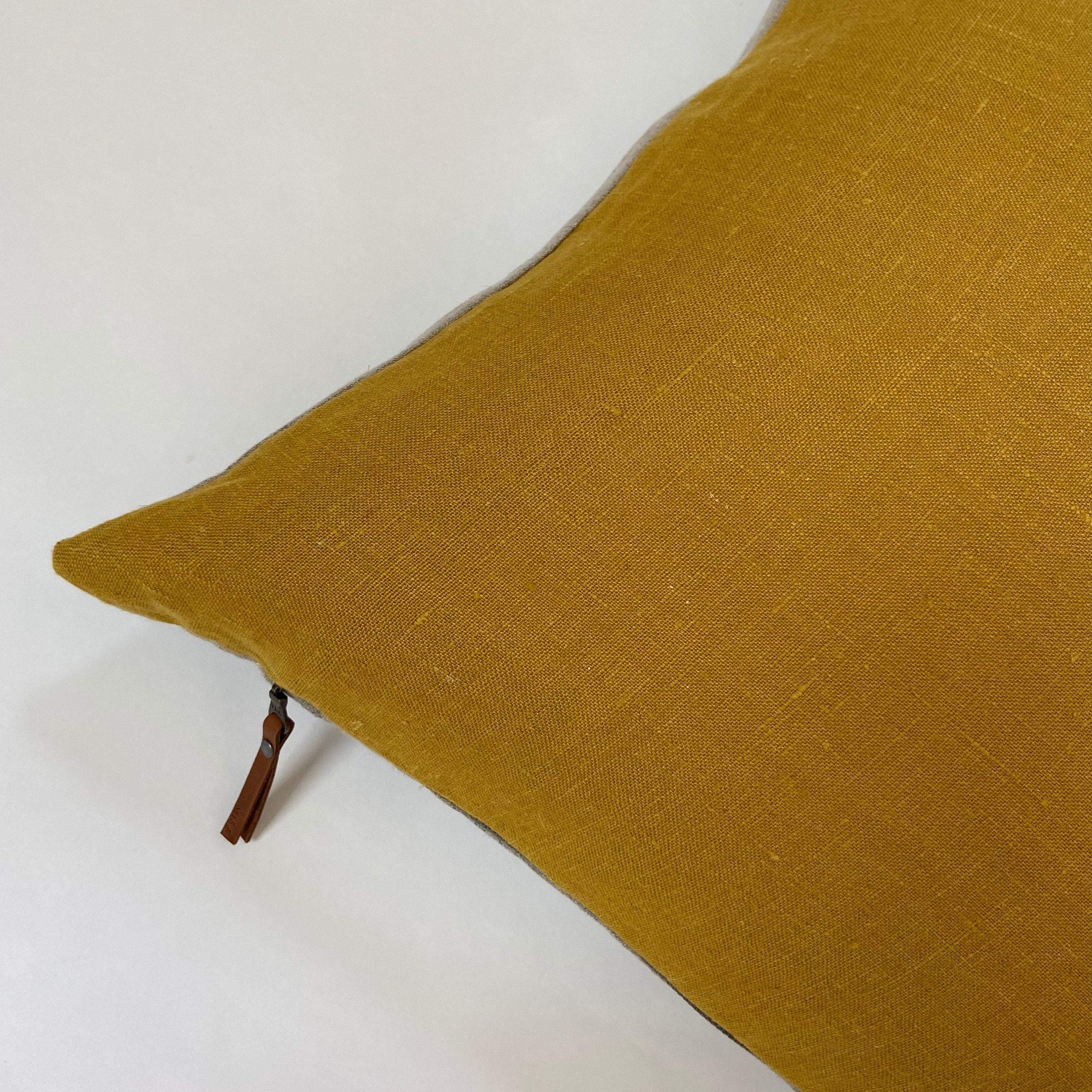 Gold linen pillow cover with neutral linen backing exposed zipper-leather pull 20x20” 22x22" 24x24" 14x24” handcrafted by misa housewarming