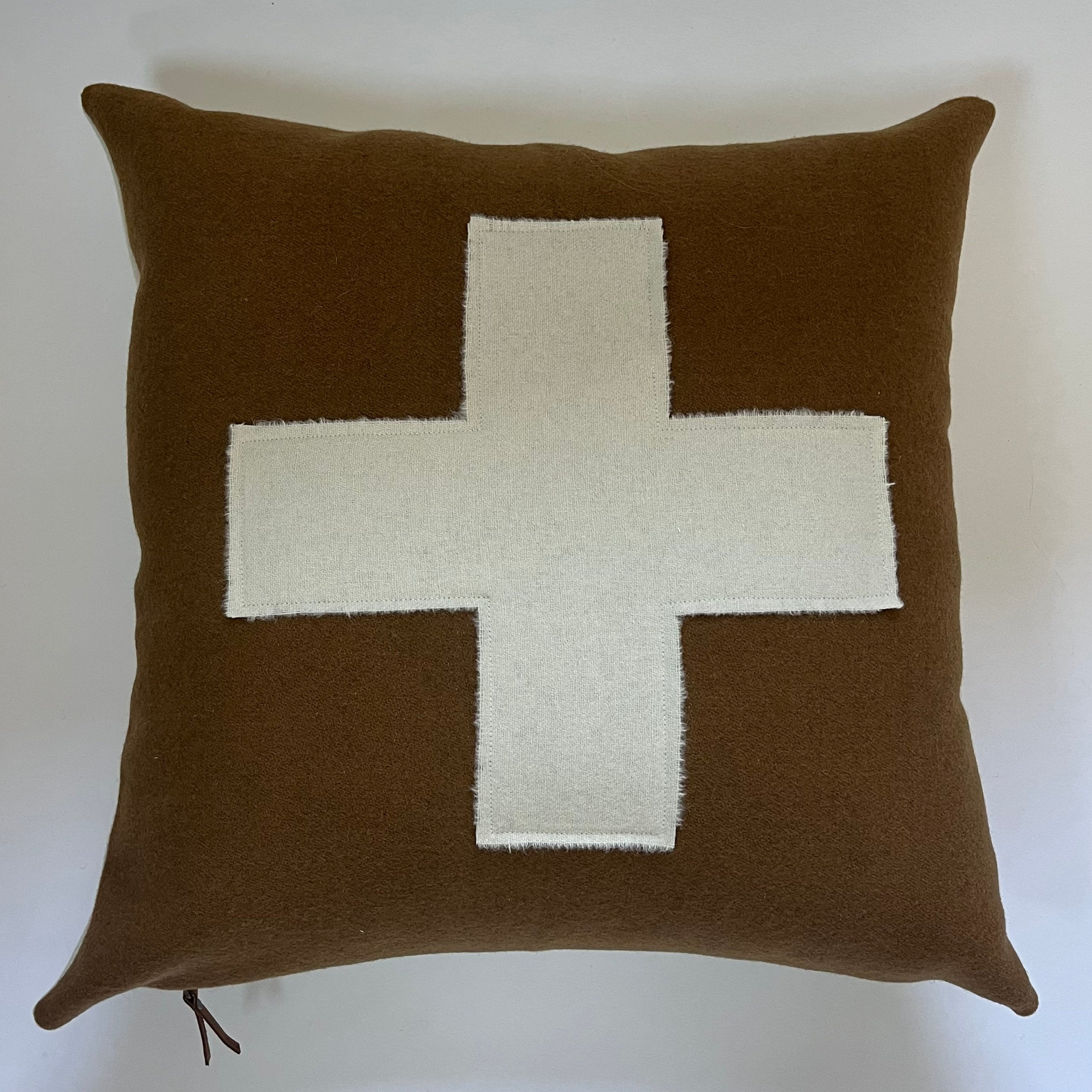 Swisscross pillow cover camel brown with cream cross exposed zipper-leather pull 20x20 or 24x14 lumbar handmade