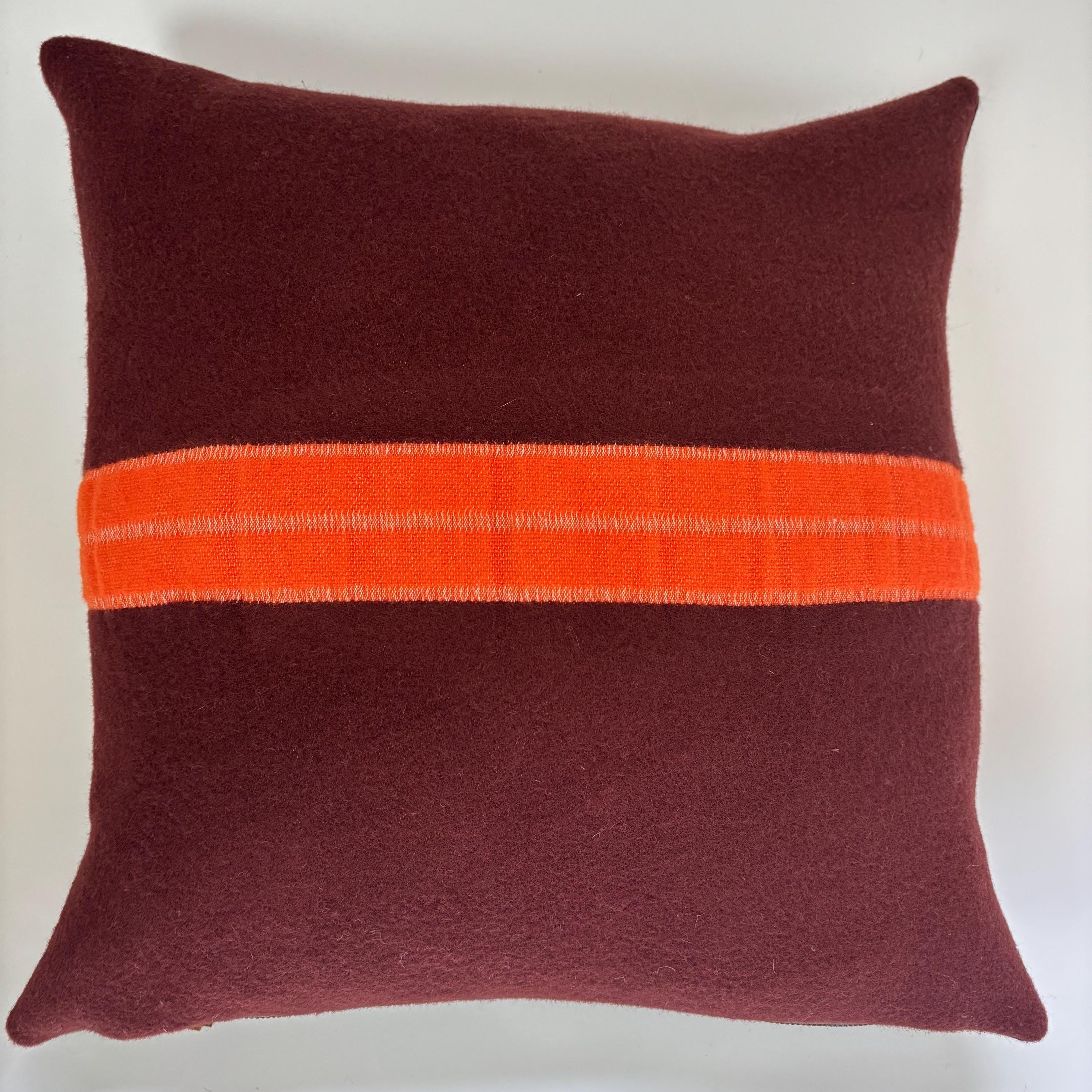maroon wool pillow with an orange stripe 18” winter wool exposed zipper striped pillow housewarming gift