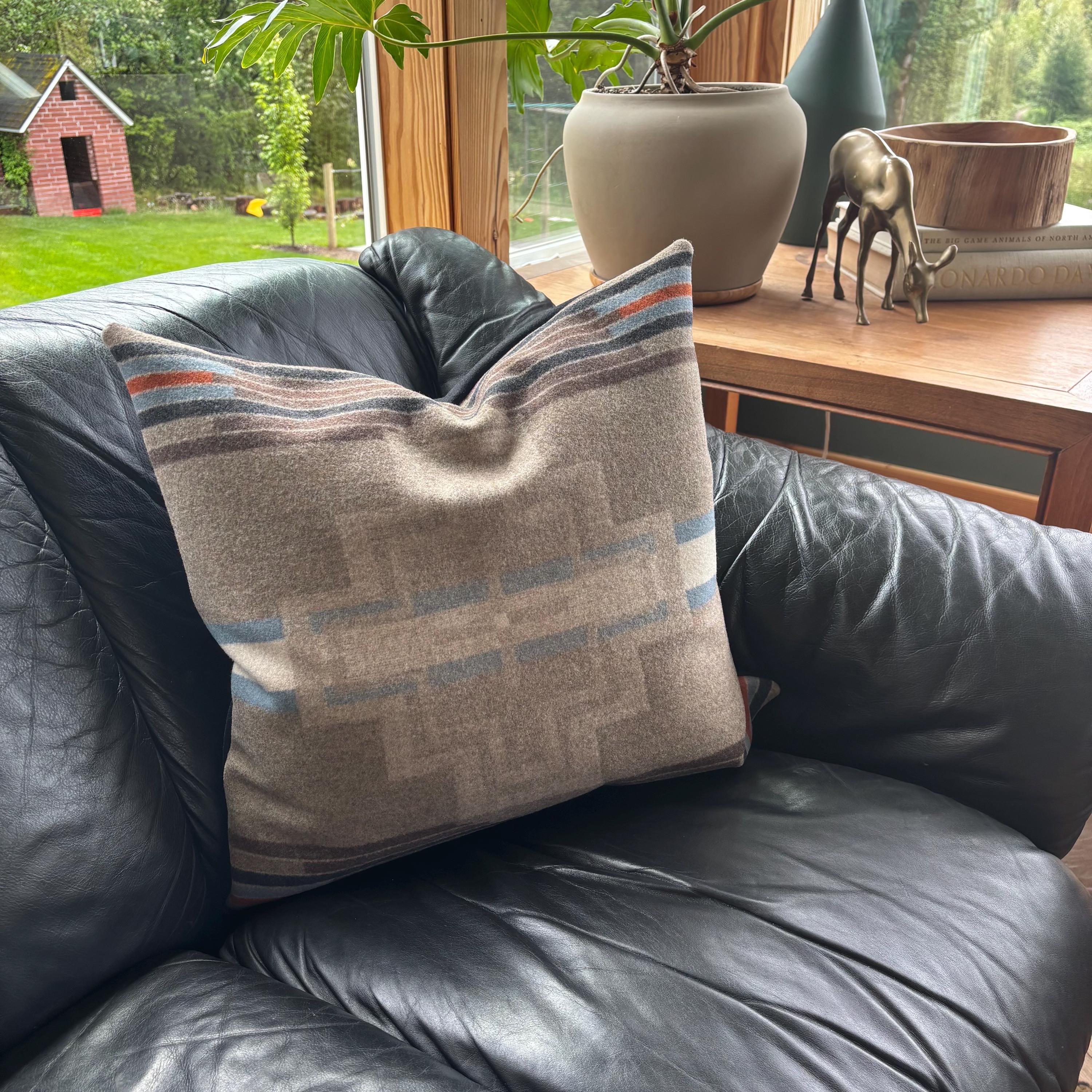 Swisscross wool Pillow Cover: Swiss Cross Stripes, Leather Pull (20" or 18")