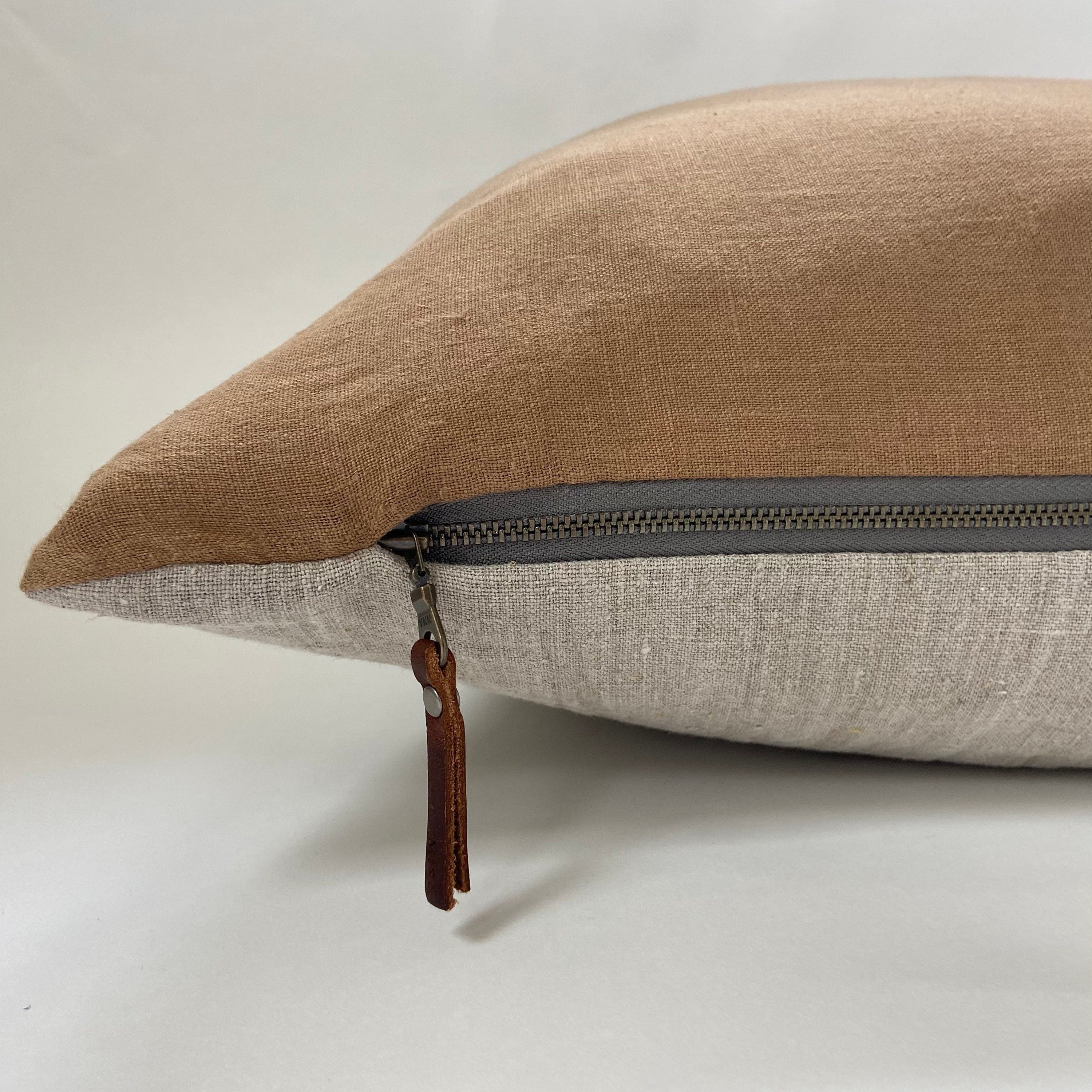 Ginger linen pillow cover 100% linen with exposed zipper leather pull 24x24” 20x20” 22x22" 14x24”handcrafted by misa housewarming pillow