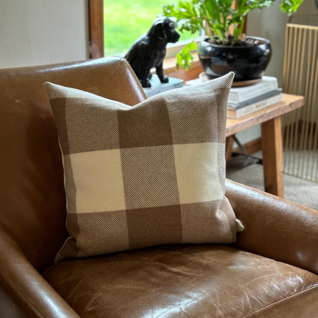 Tan and cream plaid wool Pillow Cover with Leather Pull housewarming gift