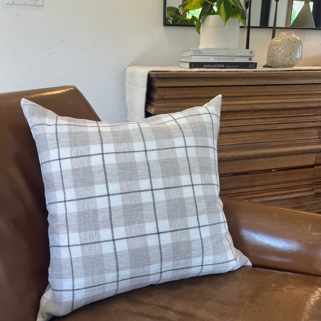 Black white and tan plaid linen pillow window pane exposed zipper checked pillow 24”20”22"14x24” 100% linen housewarming gift