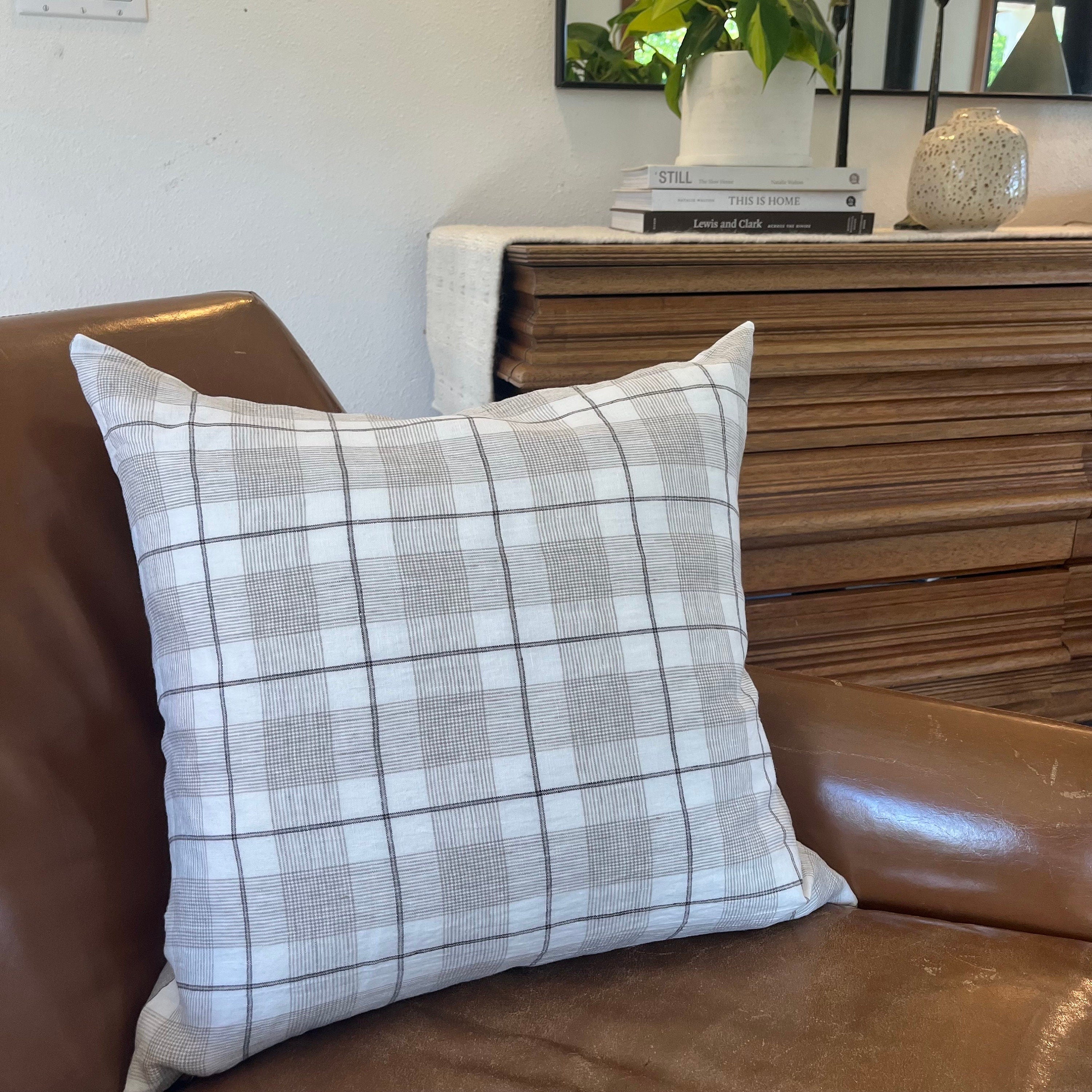 Black white and tan plaid linen pillow window pane exposed zipper checked pillow 24”20”22"14x24” 100% linen housewarming gift