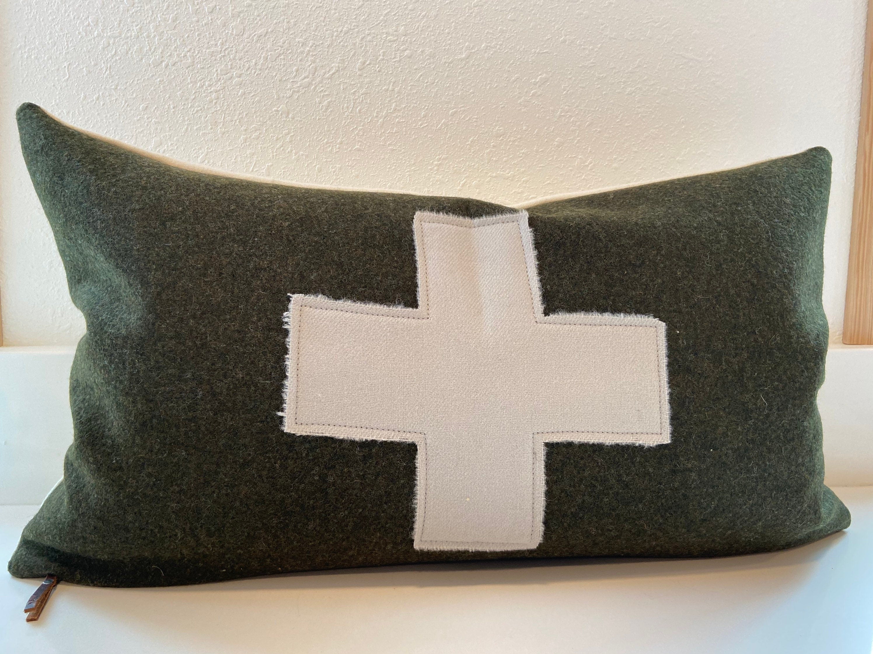 Swisscross pillow cover army green with cream swisscross exposed zipper-leather pull 20x20 or 24x14 lumbar handmade