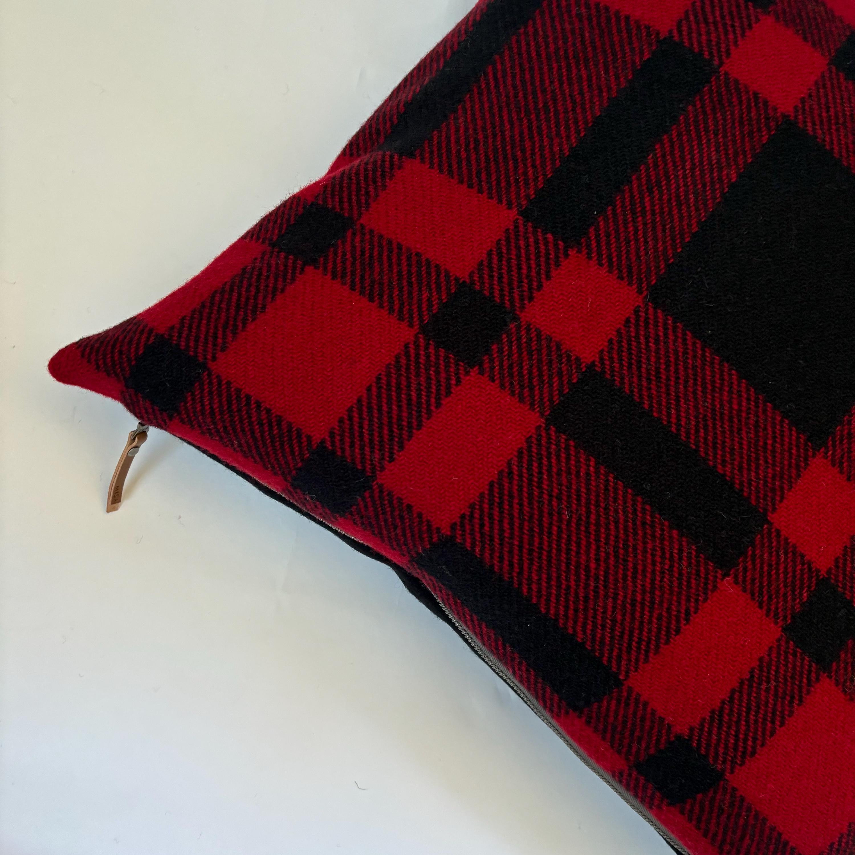 Wool Pillow Cover: Red Black Buffalo Plaid with Leather Pull