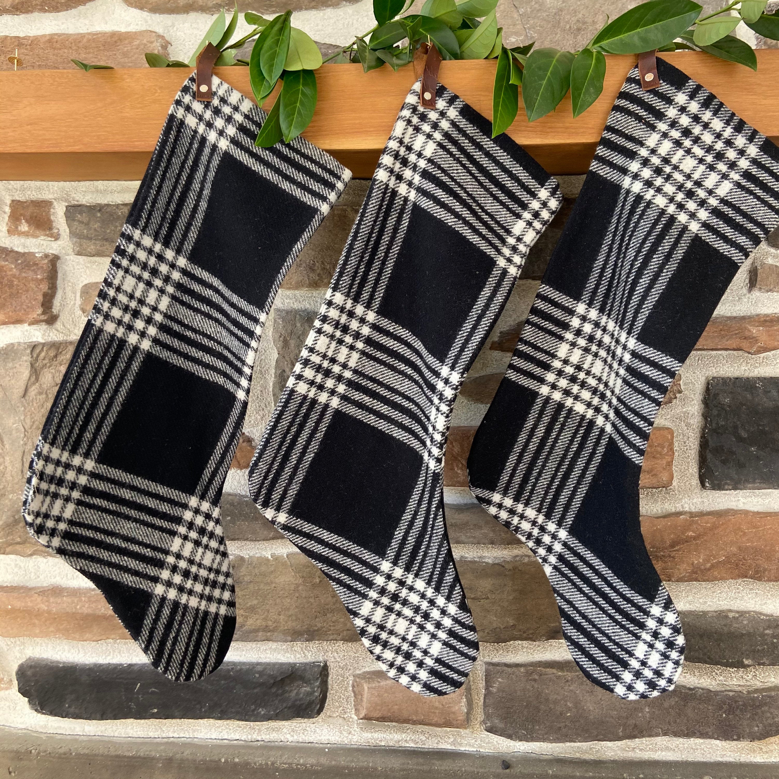wool plaid green and red christmas stocking leather hanging tabs handmade