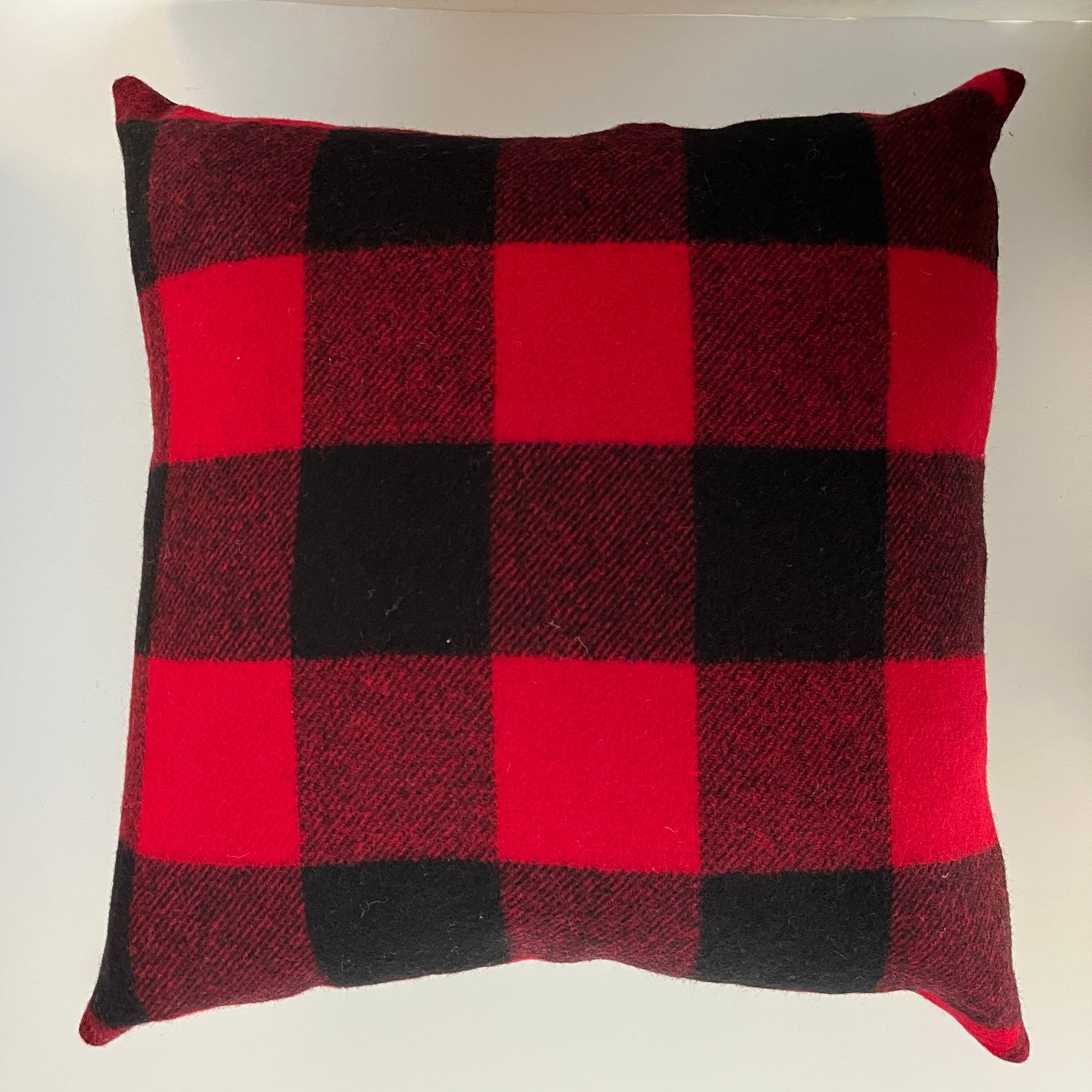 Red Black buffalo plaid pillow cover exposed zipper-leather pull  20x20 14x24 handmade wool Handcrafted by misa housewarming gift