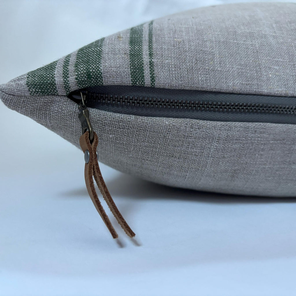 Green Striped Linen Pillow Cover: 18x18 Throw Pillow with Leather Pull