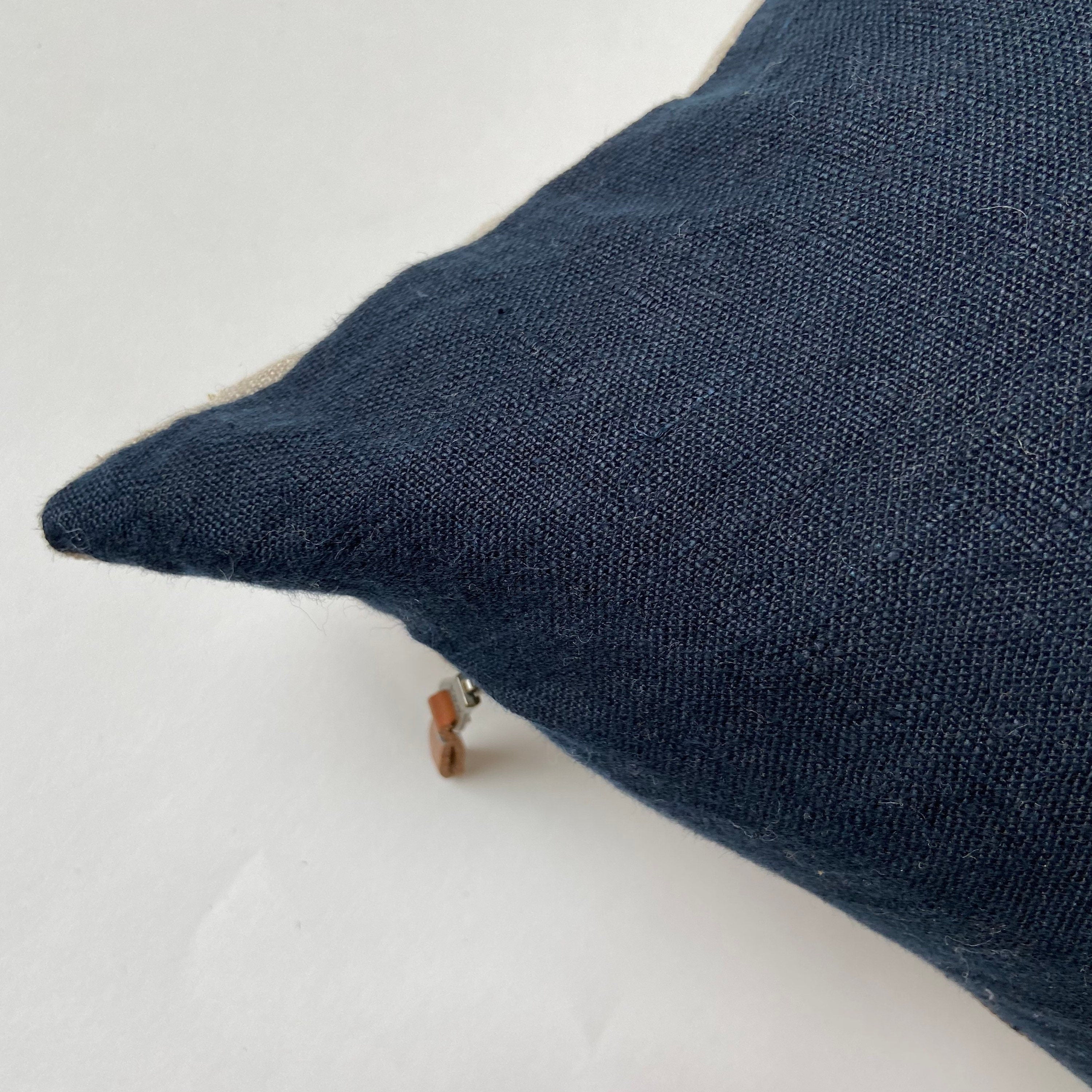 Navy blue linen pillow cover exposed zipper-leather pull 20x20”22x22"14x24 24x24 high quality neutral 100% Linen backing handcrafted by misa