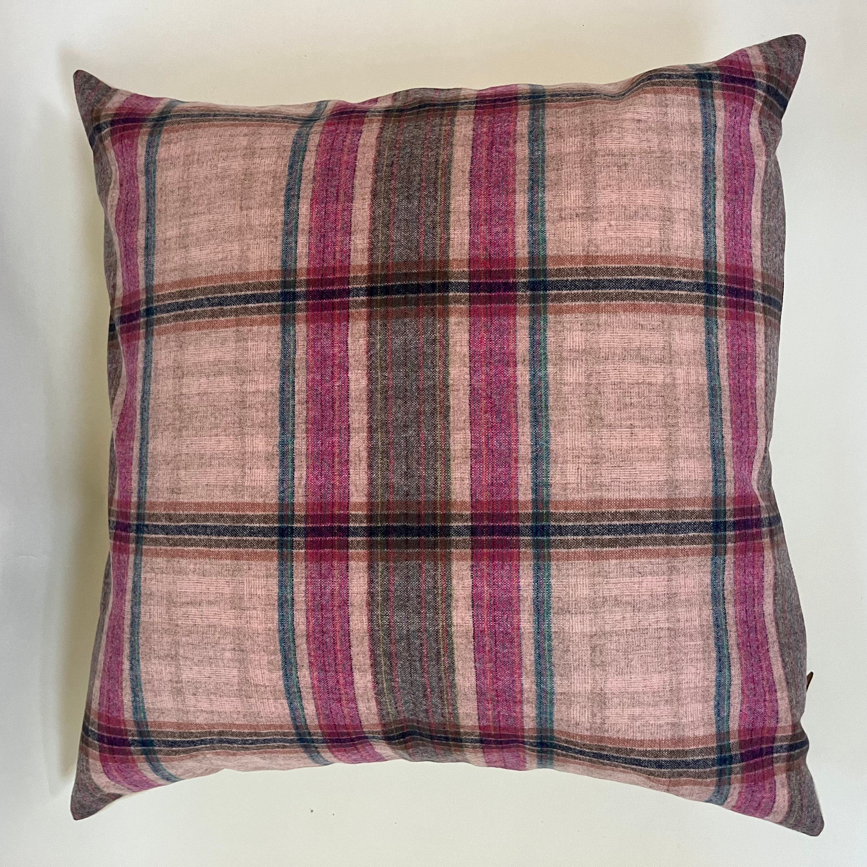 Pink blue plaid wool pillow cover exposed zipper-leather pull 20x20 14x24  made with Pendleton wool Handcrafted by misa housewarming gift