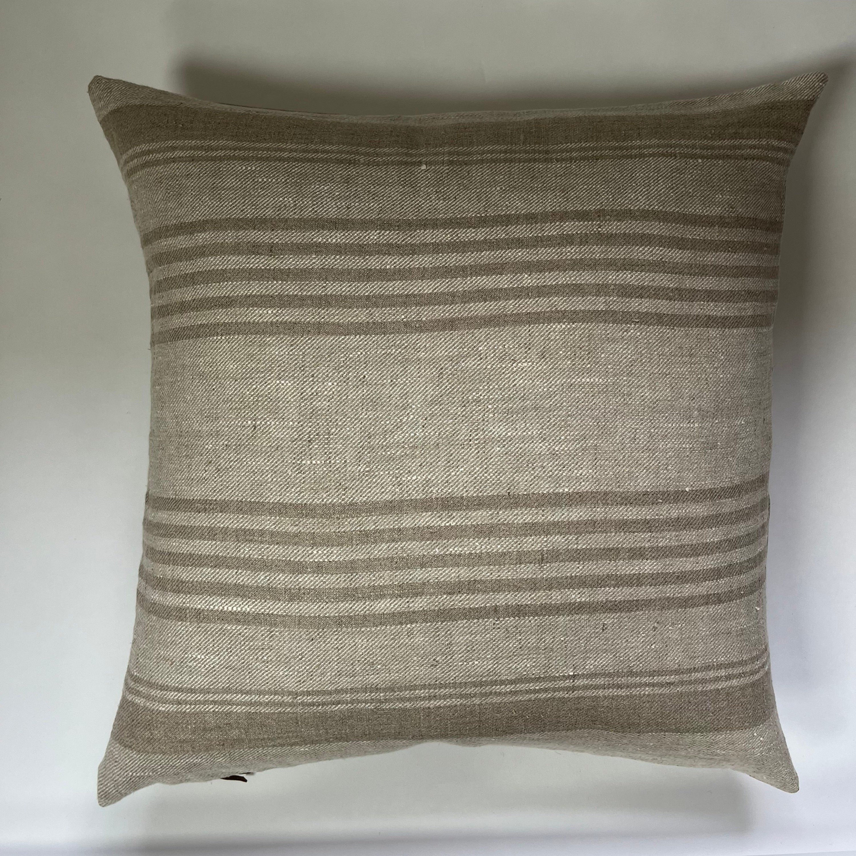 white and tan striped linen pillow cover exposed zipper-leather pull  20x20 22x22 24x24 14x24  high quality 100% linen housewarming gift