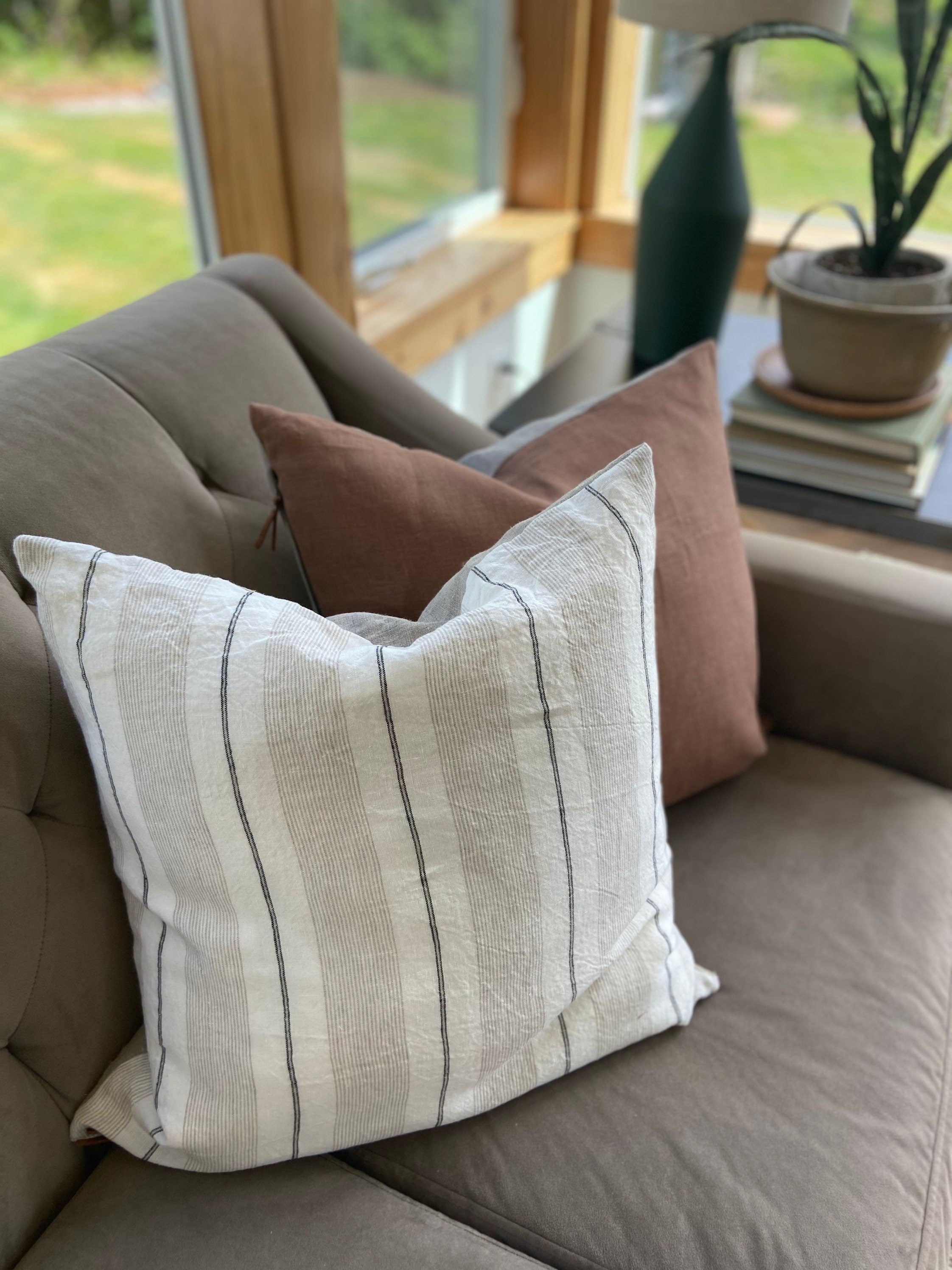 black white and Tan striped linen pillow cover exposed zipper-leather pull 14x24 20"22"24" high quality 100% linen housewarming gift