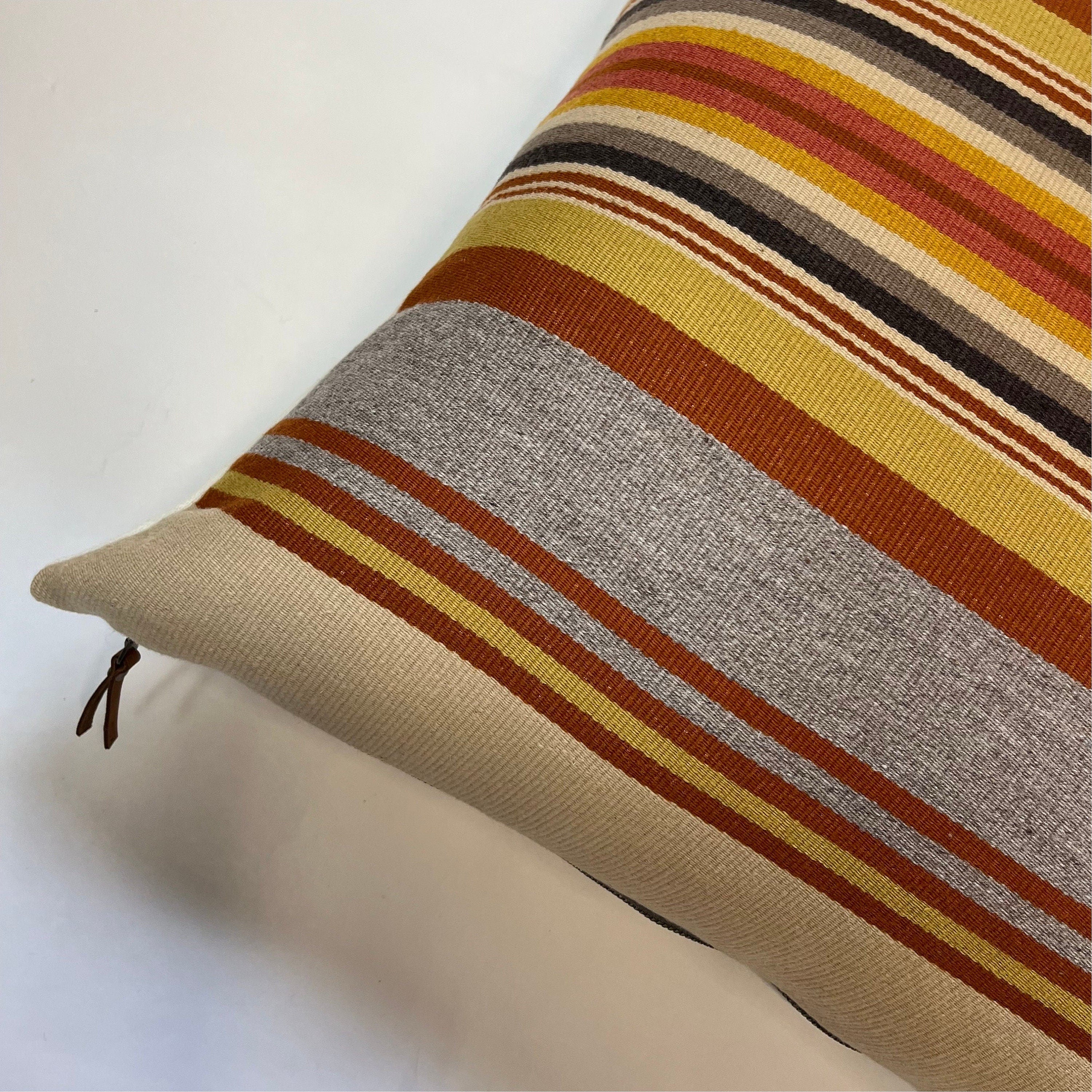 Striped Wool Pillow Cover: Orange and Summer Colors, Leather Pull