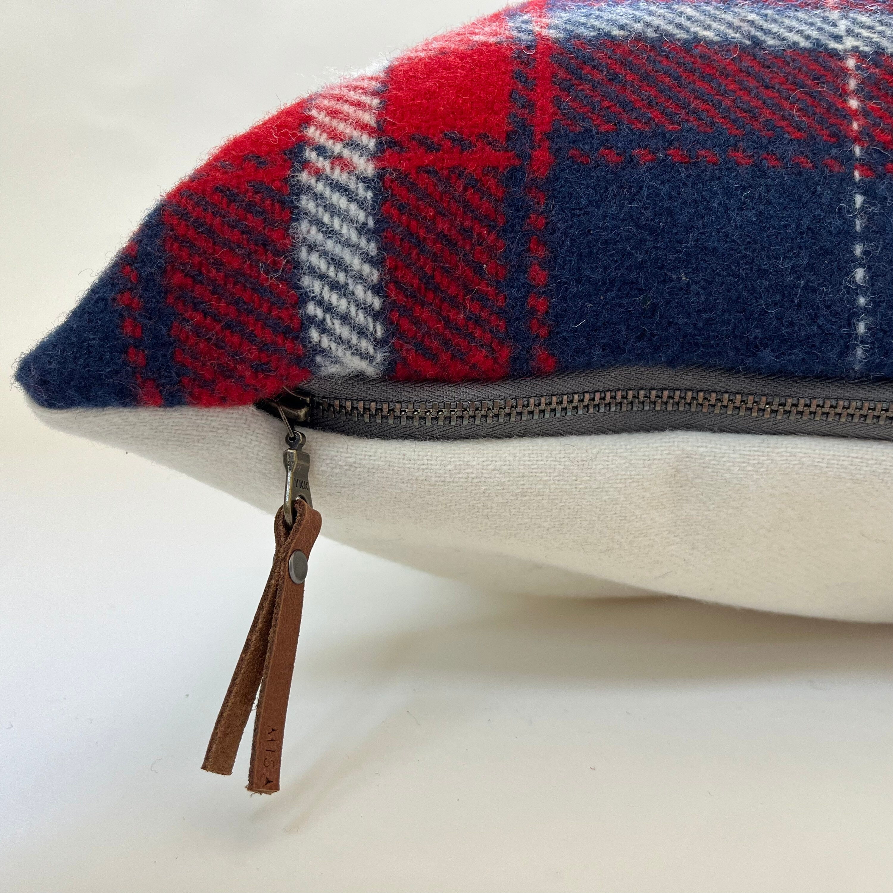 Red white Blue plaid wool pillow housewarming Fourth of July exposed zipper 14x24 24" 22"20" Handmade Handcrafted by misa