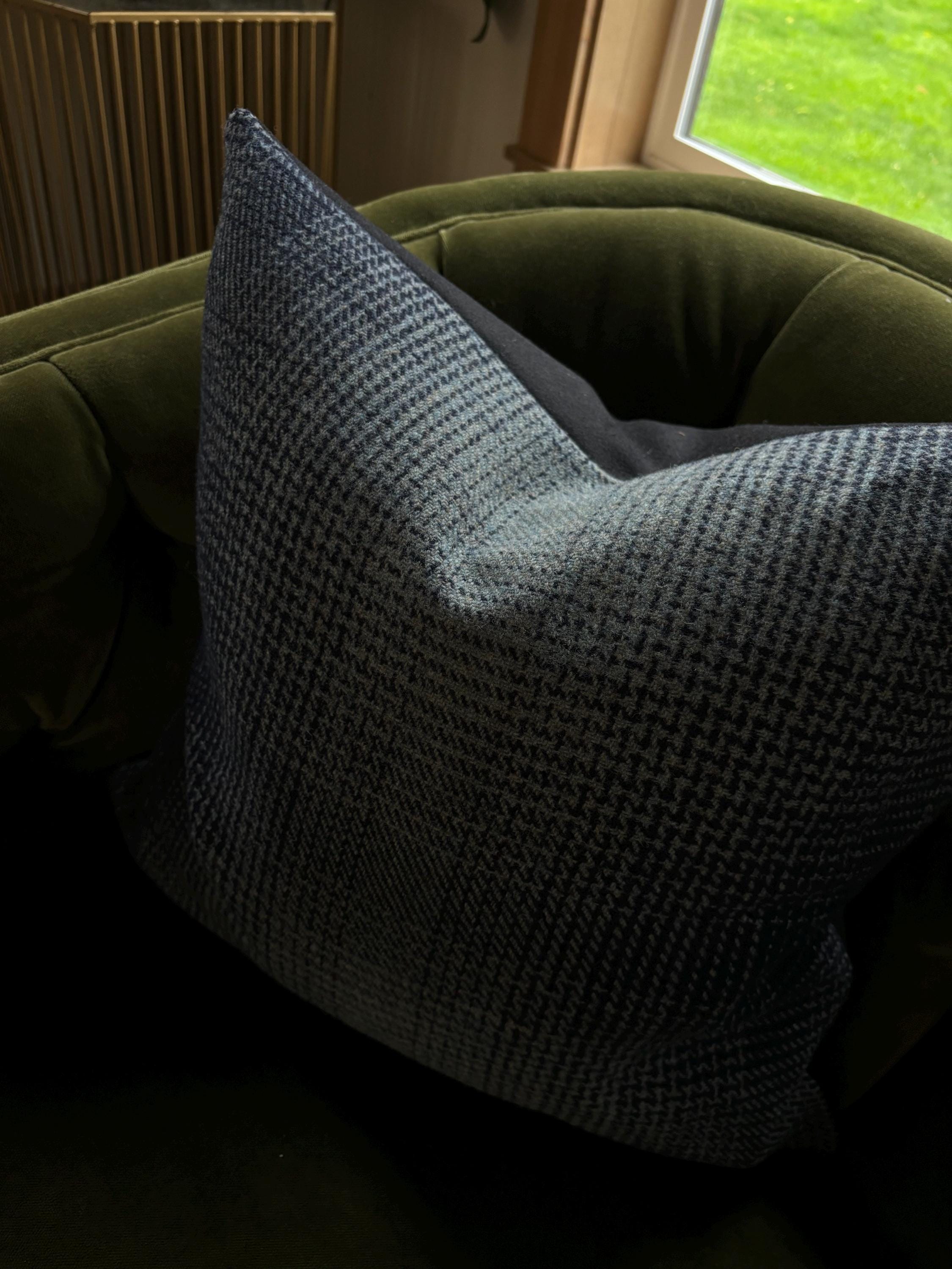 Wool Pillow Cover: Blue Plaid with Exposed Zipper