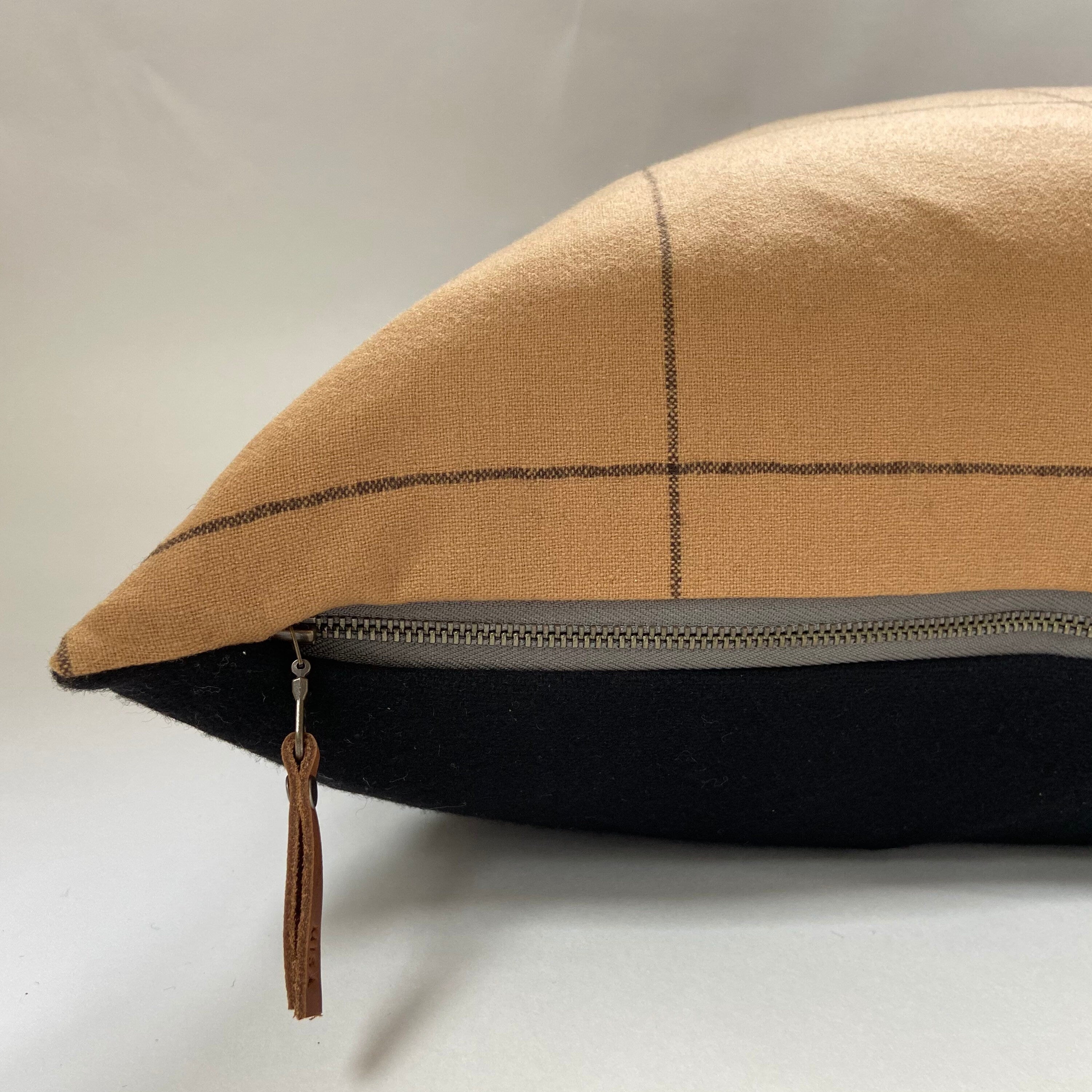 Black and ginger plaid wool pillow cover exposed zipper-leather pull 14x24 24x24 22x22" 20x20 handmade