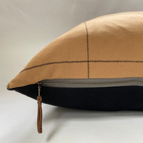 Black and ginger plaid wool pillow cover exposed zipper-leather pull 14x24 24x24 22x22" 20x20 handmade