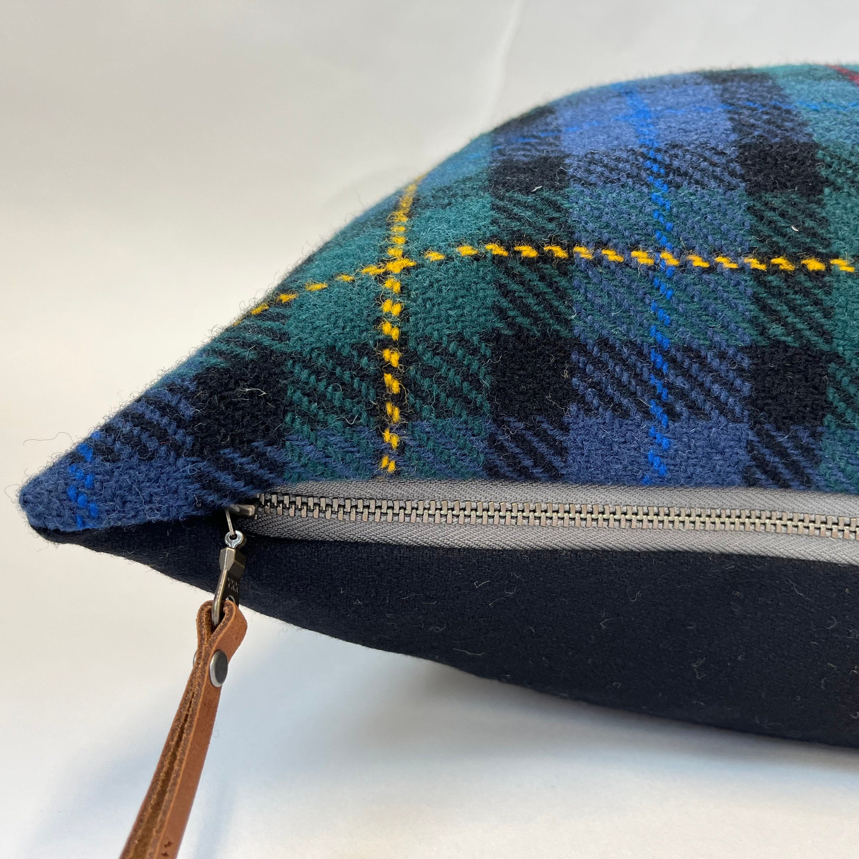 Navy plaid wool green and navy pillow cover exposed zipper-leather pull 18" Handcrafted by misa housewarming gift