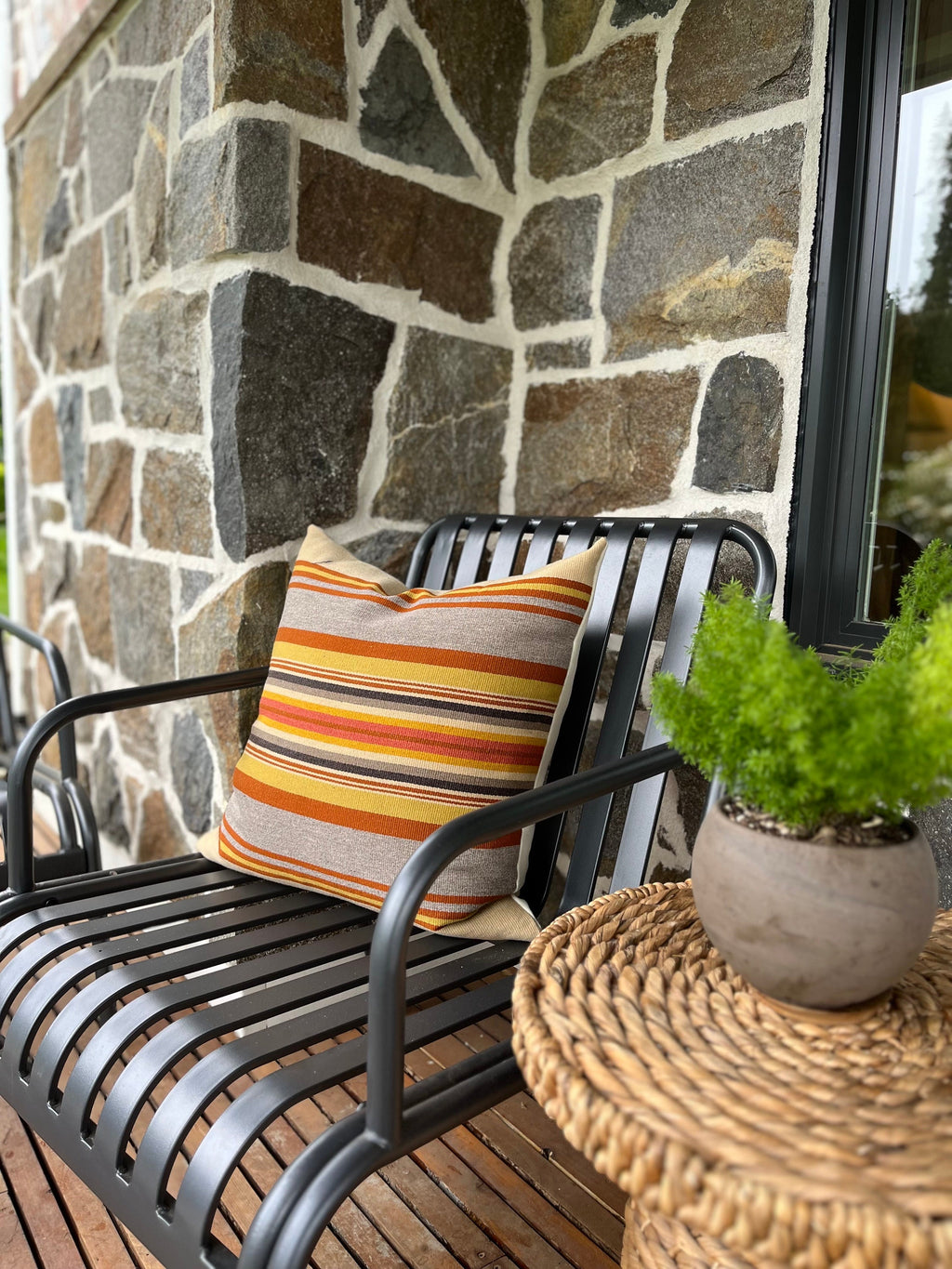 Striped Wool Pillow Cover: Orange and Summer Colors, Leather Pull