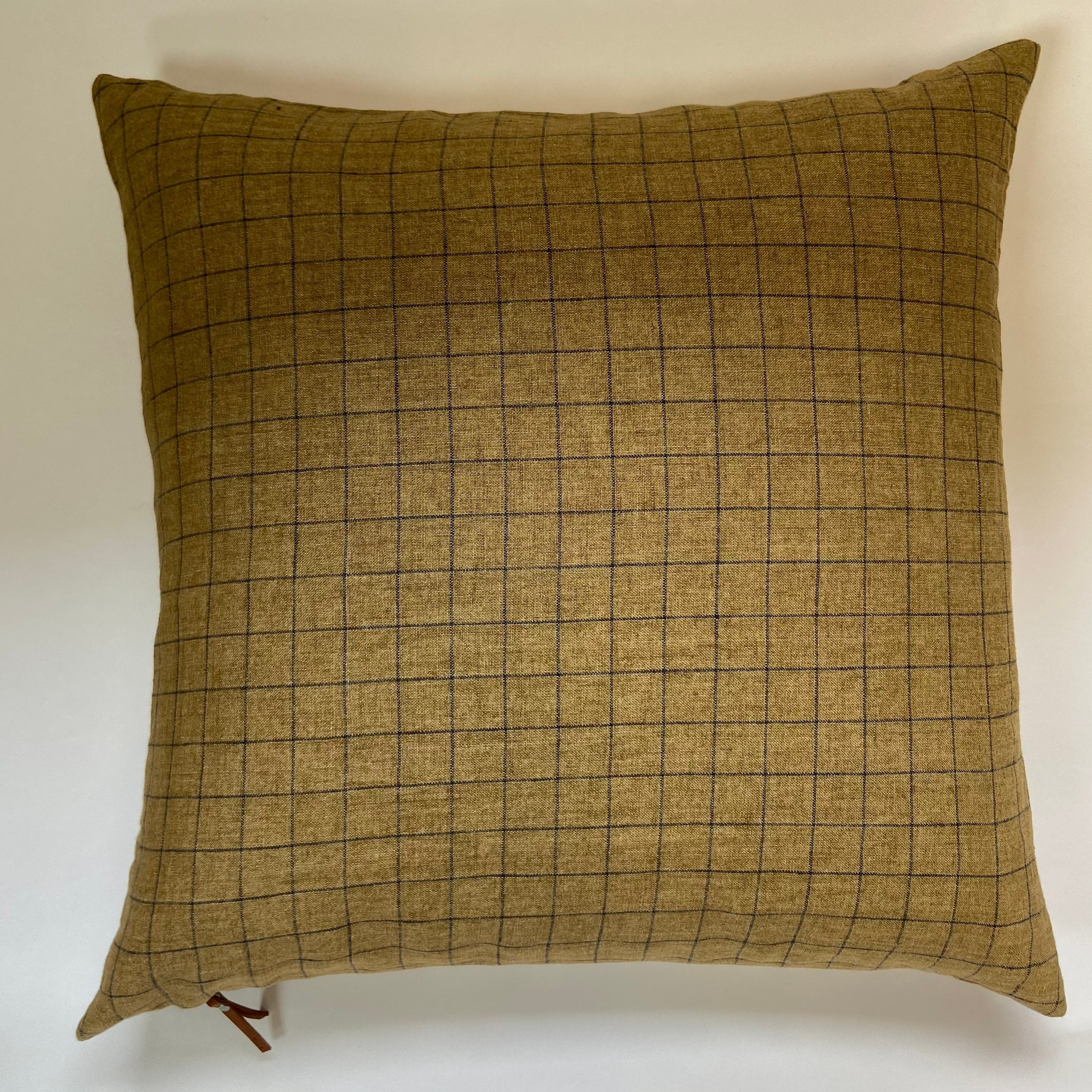 Gold and navy plaid linen pillow cover exposed zipper-leather pull 14x24 20x20 24x24 high quality 100% linen housewarming gift