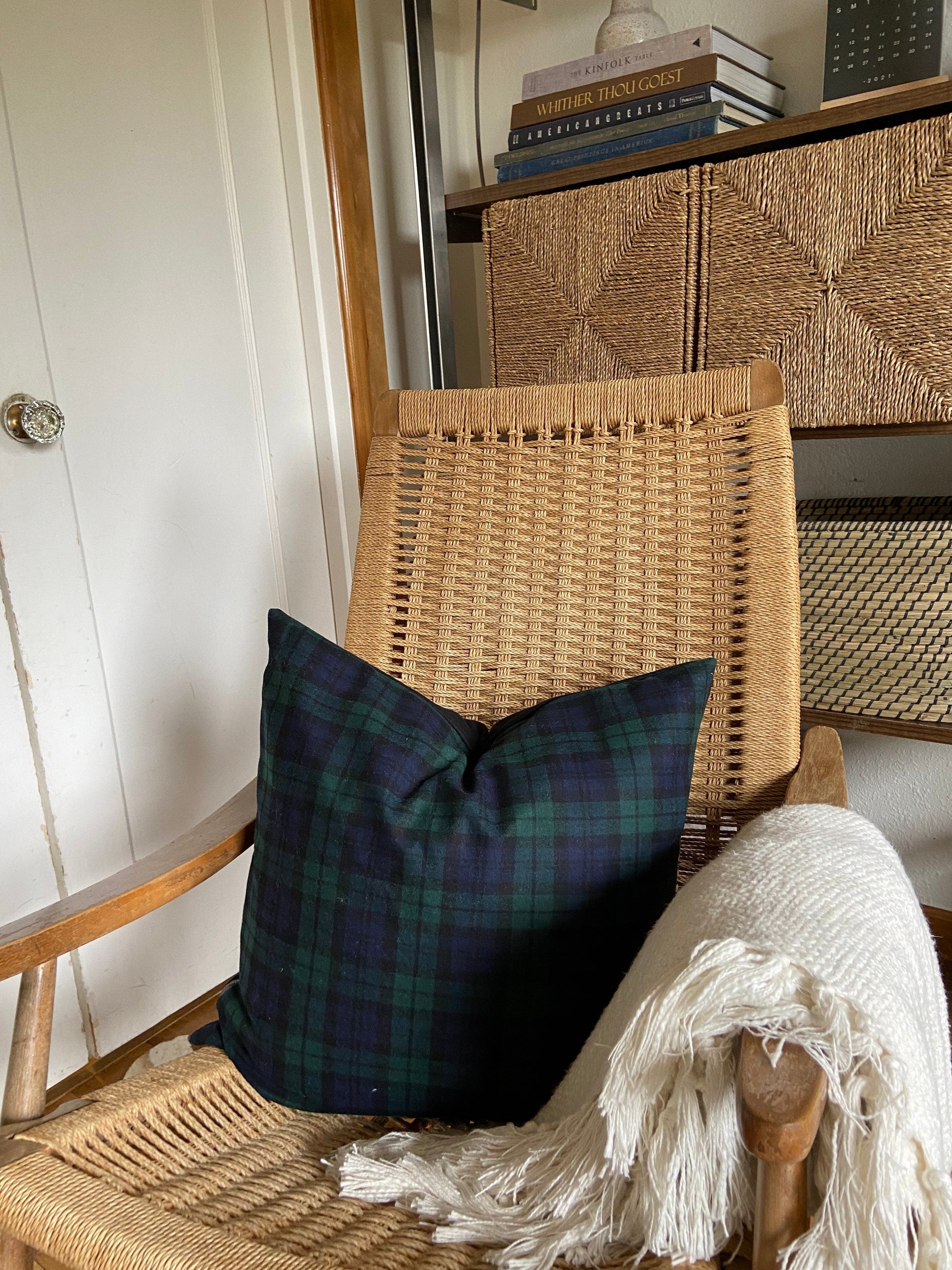 Handcrafted Navy & Green Plaid Wool Pillow Cover with Leather Pull