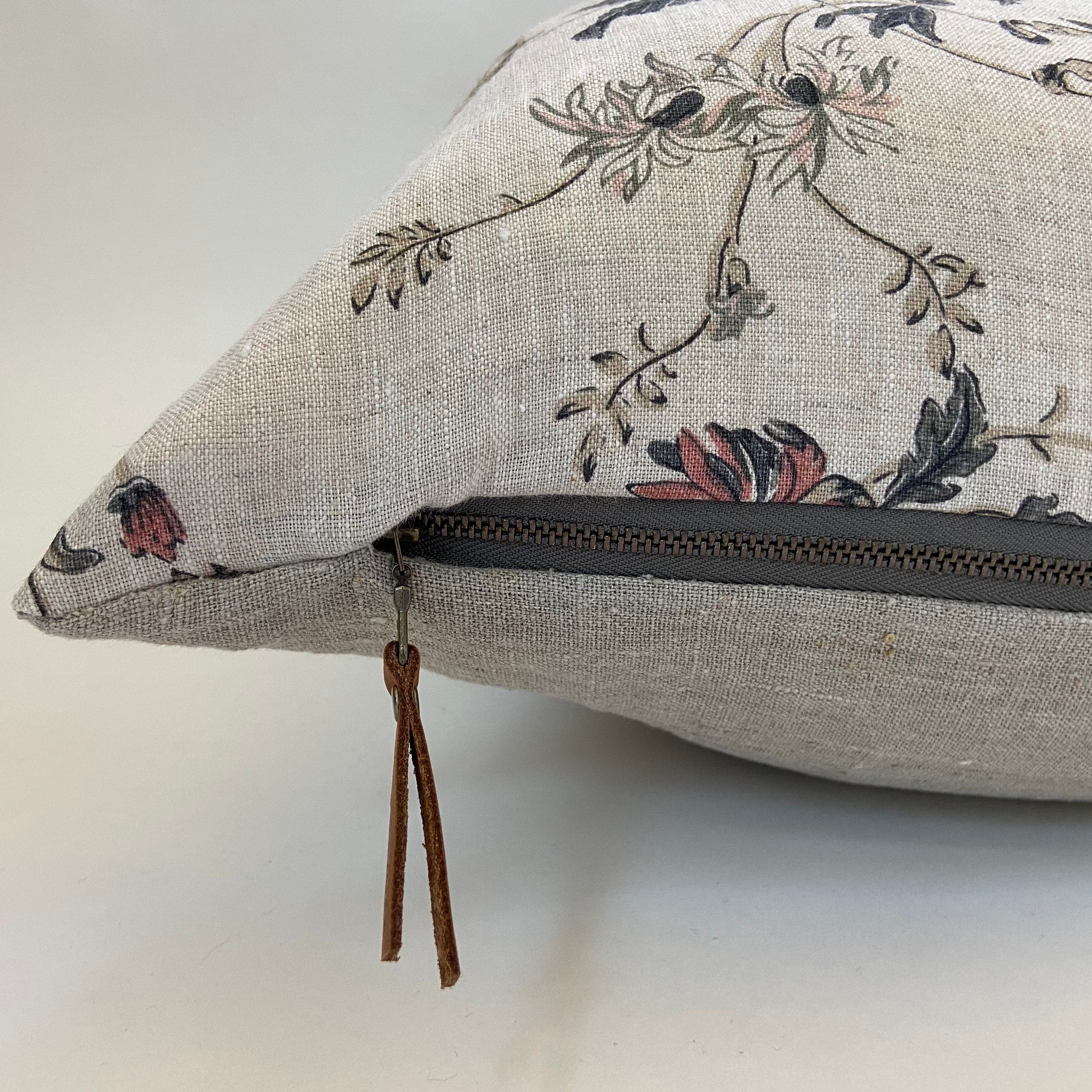 Pink floral linen pillow cover floral pillow exposed zipper-leather pull 14x24 20x20 22x22 24x24  high quality housewarming gift