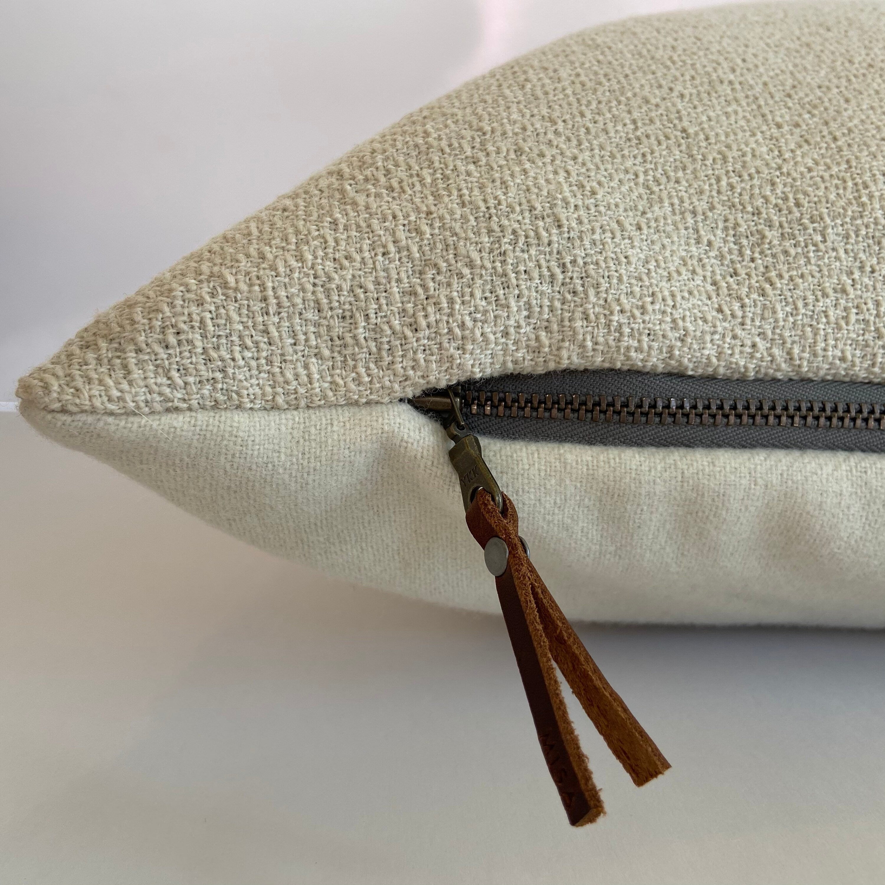 cream boucle wool pillow cover exposed zipper-leather pull 14x24 20” 22” 24” handmade