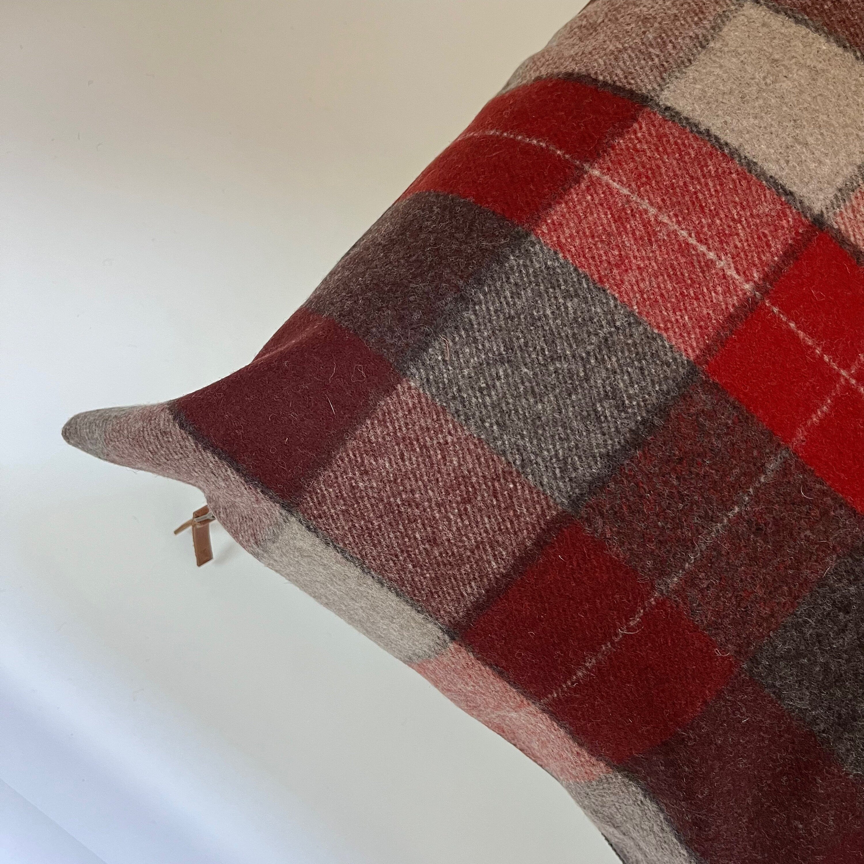 wool pillow cover orange Rust and gray exposed zipper-leather pull 20x20 14x24 handmade Handcrafted by misa