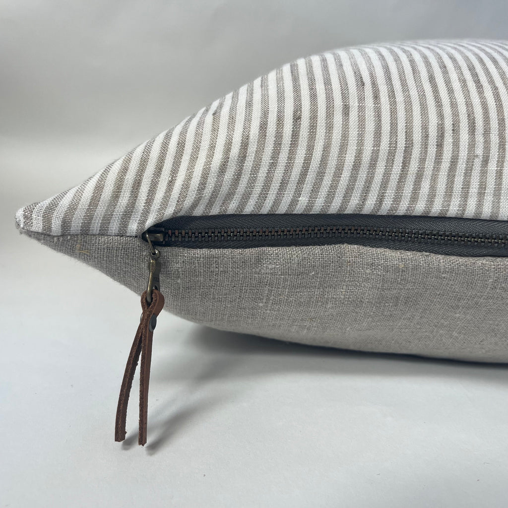 Tan and white striped linen pillow neutral pillow exposed zipper 100% linen striped pillow leather pull 24” 22" 20” 14x24” housewarming gift