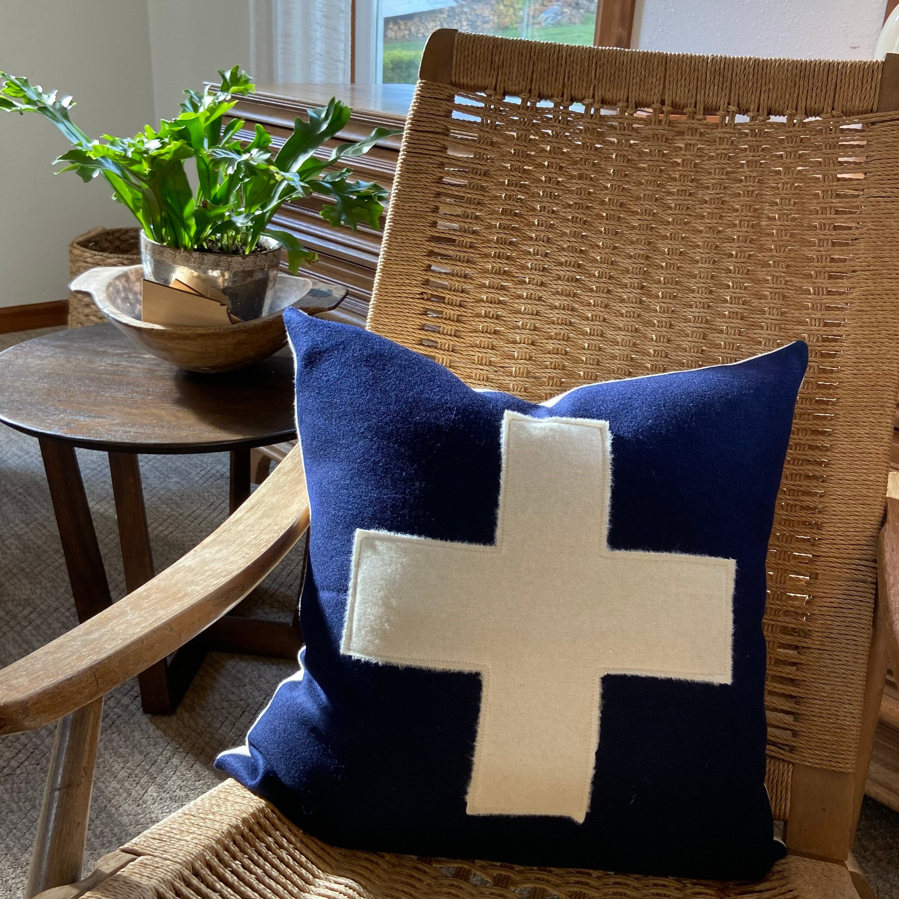 Swisscross blue pillow royal blue pillow cover wool pillow exposed zipper-leather pull 20x20 24x14 lumbar handmade