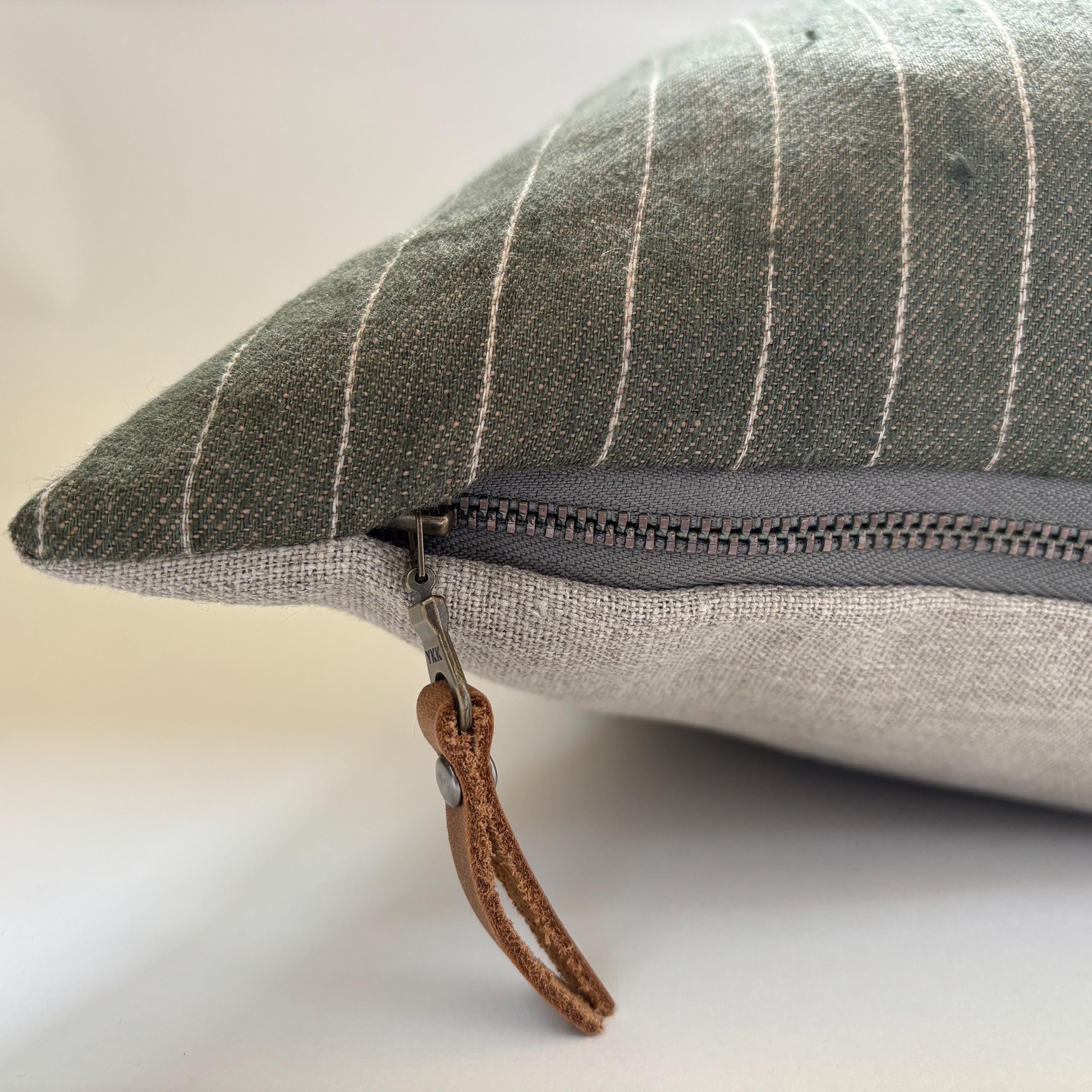 Striped Linen Pillow Cover: Green and tan with Leather Zipper Pull housewarming gift 18”20”22”24” 100 percent linen