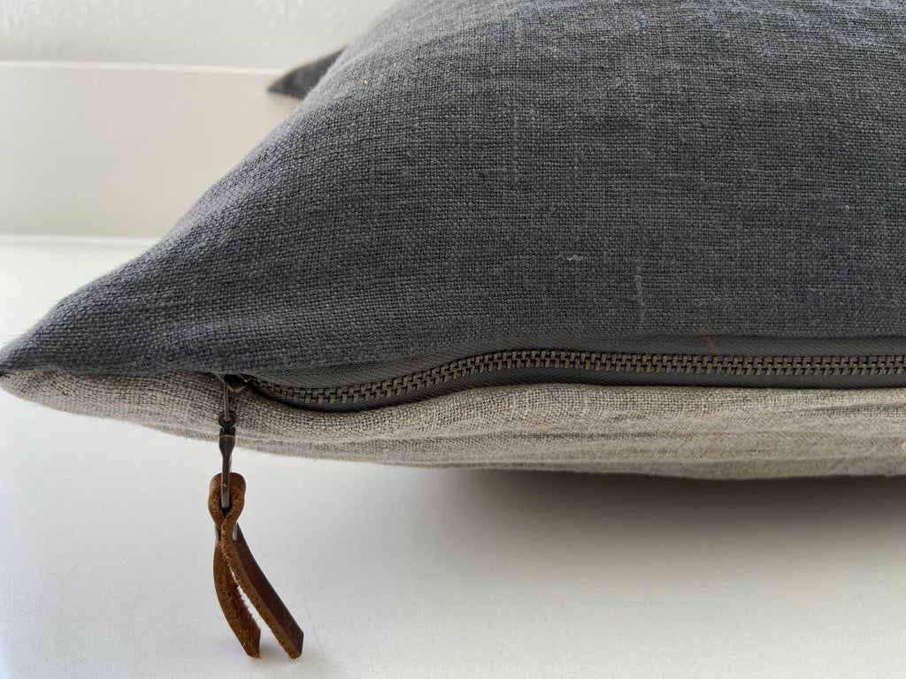 graphite linen pillow gray pillow gray linen pillow exposed zipper leather pull 24”20”22' 14x24” 100% linen housewarming gift