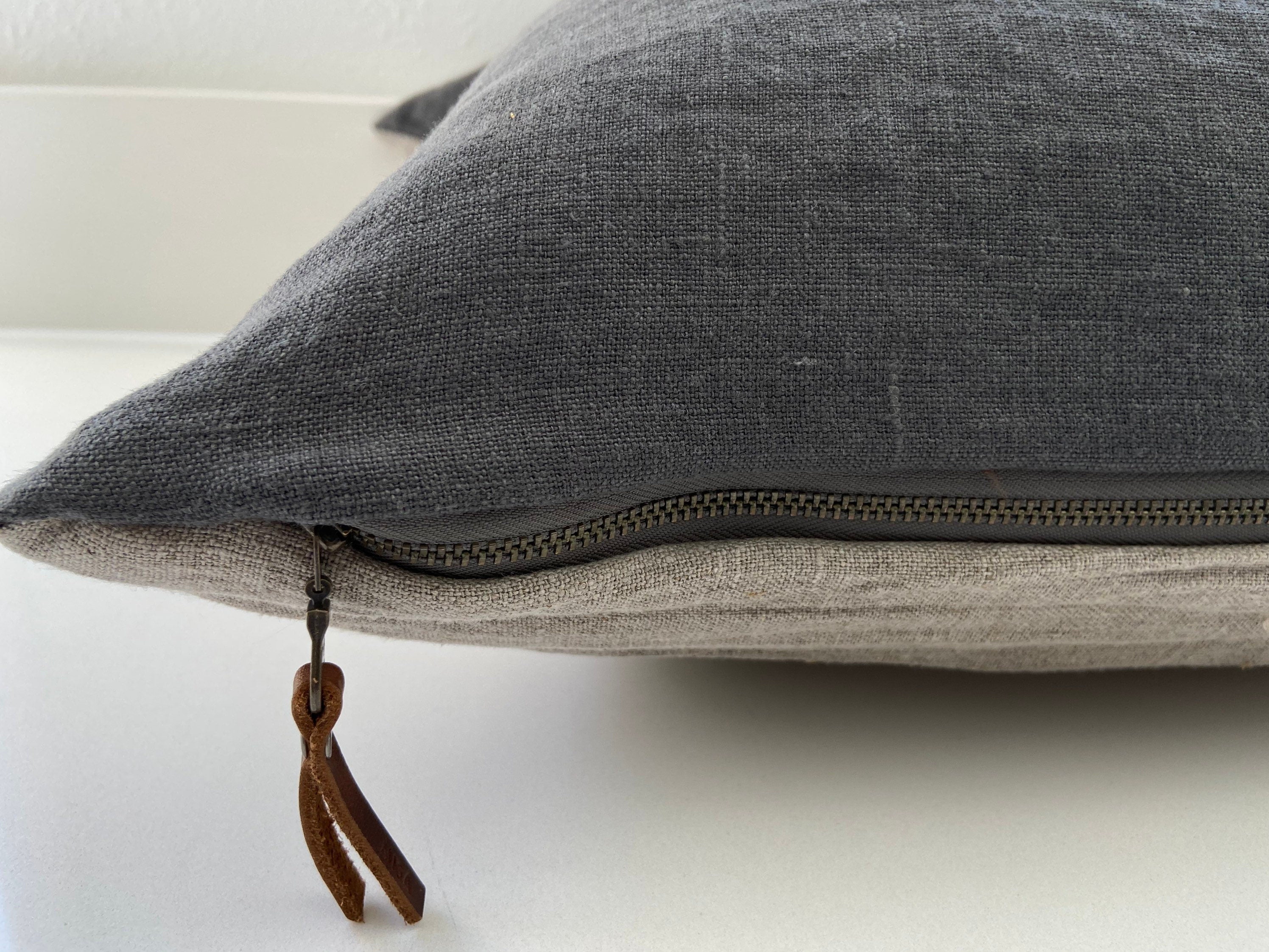 graphite linen pillow gray pillow gray linen pillow exposed zipper leather pull 24”20”22' 14x24” 100% linen housewarming gift