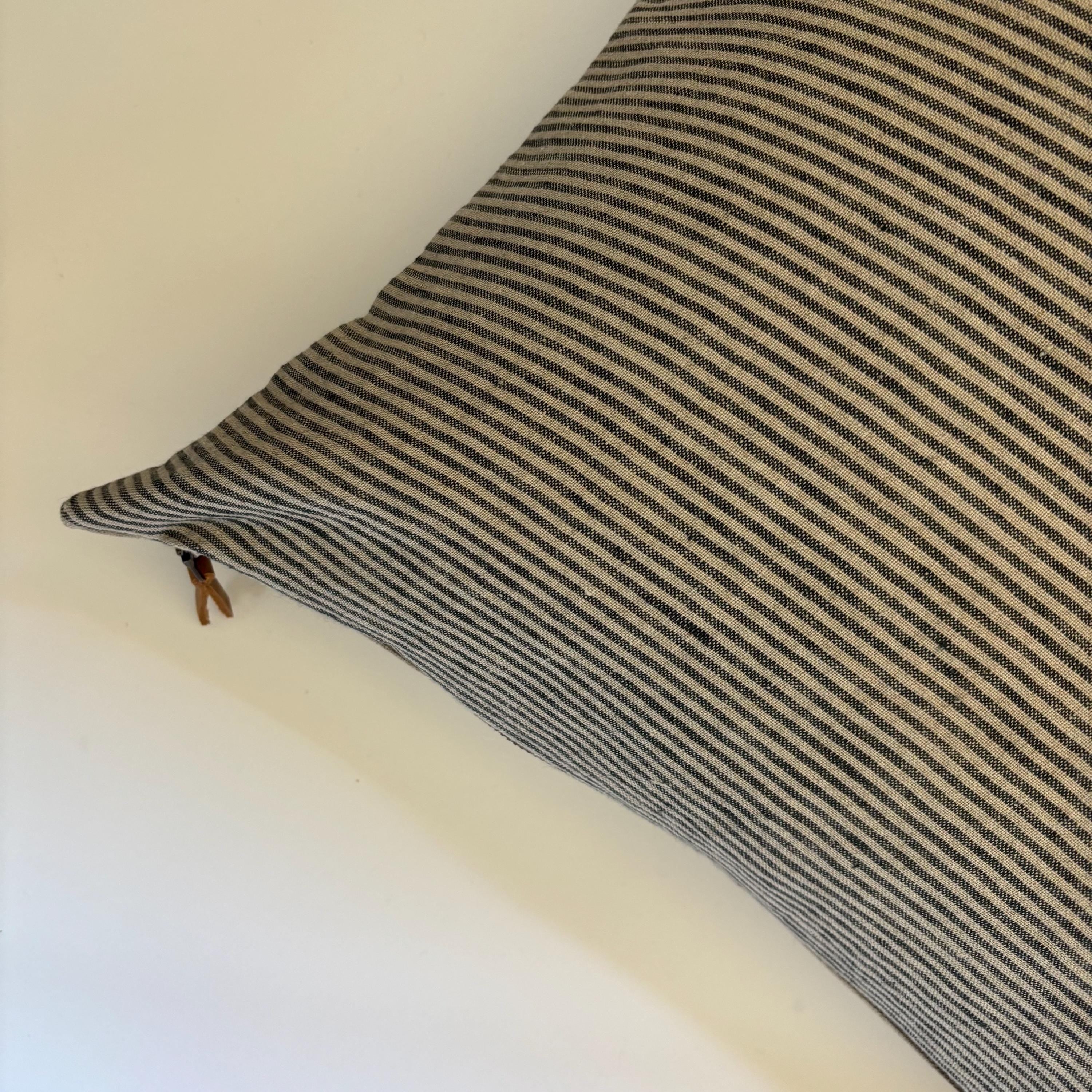 Striped Linen Pillow Cover: Black & Tan with Leather Zipper Pull