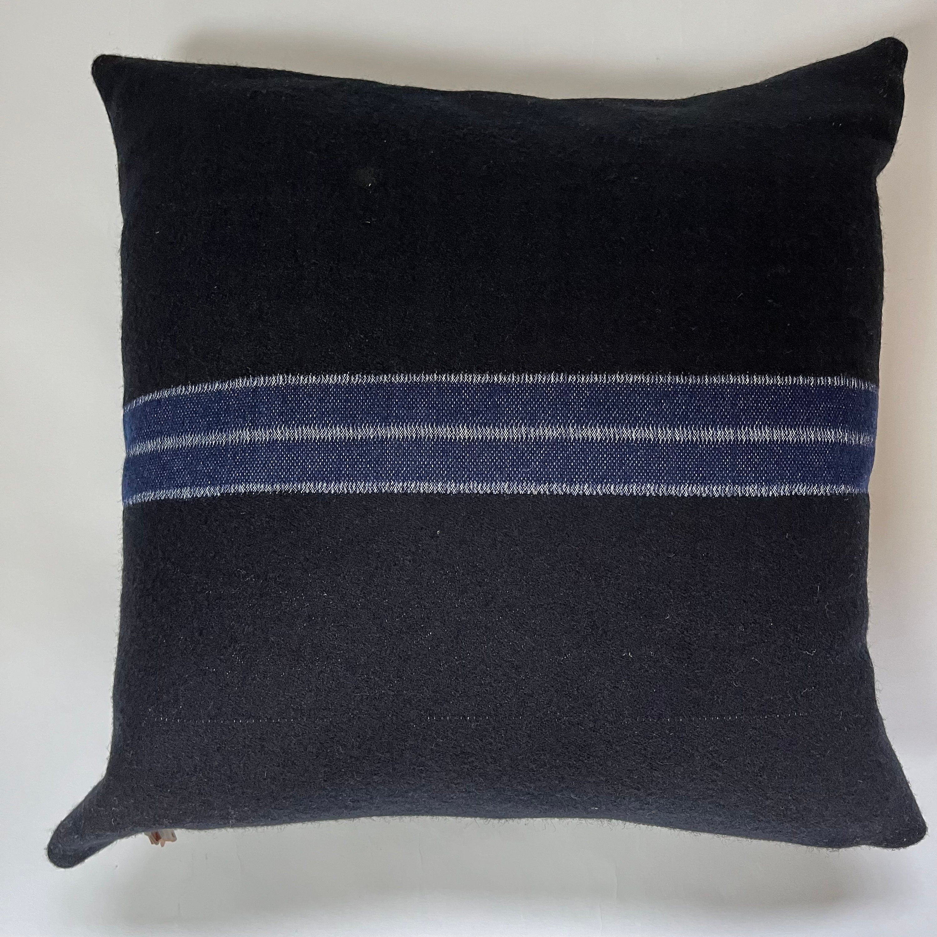 Gray wool pillow with blue stripe dark gray pillow 18x18  exposed zipper pillow housewarming gift