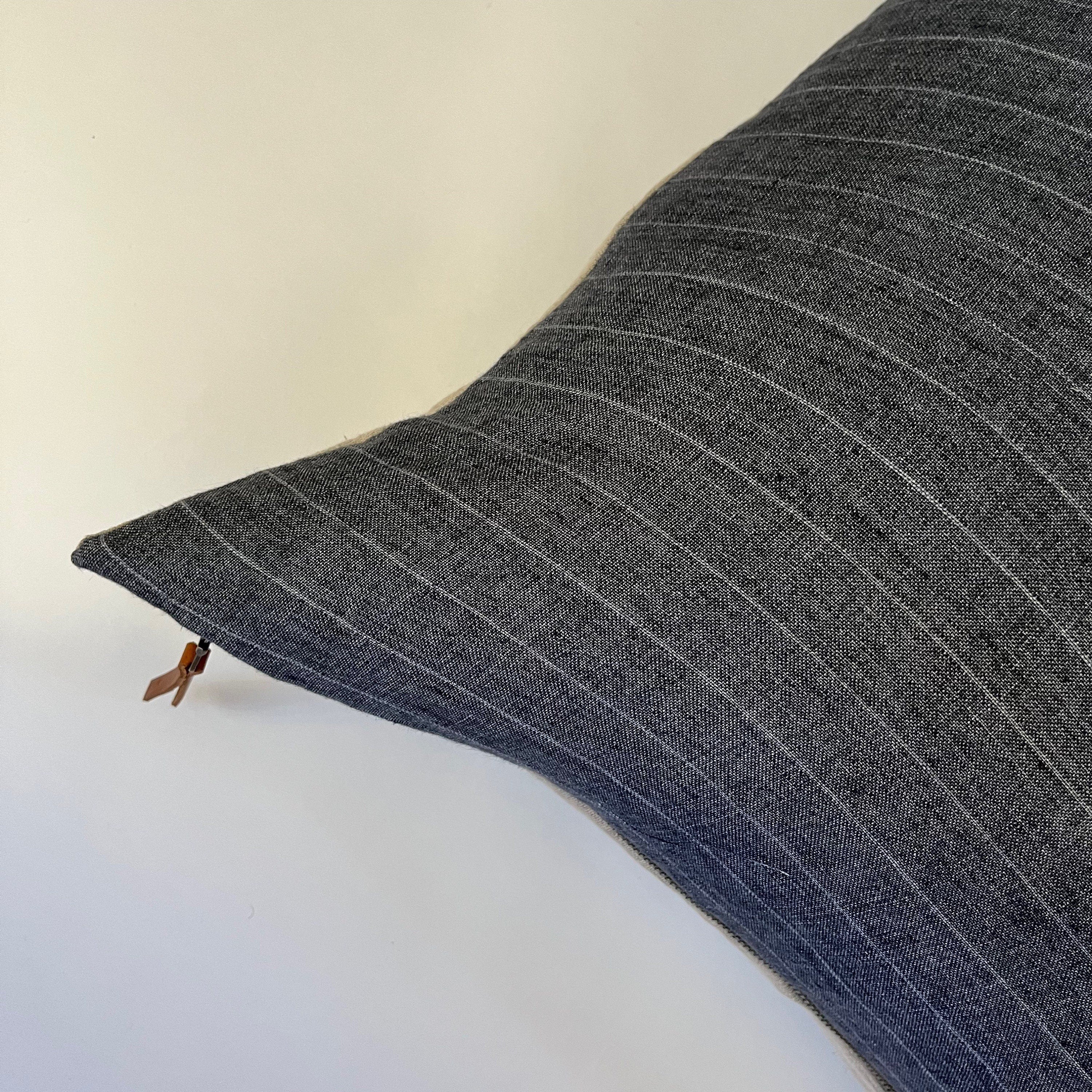 Dark gray striped linen pillow cover exposed zipper-leather pull  14x24 20x20 24x24 high quality 100% linen housewarming gift