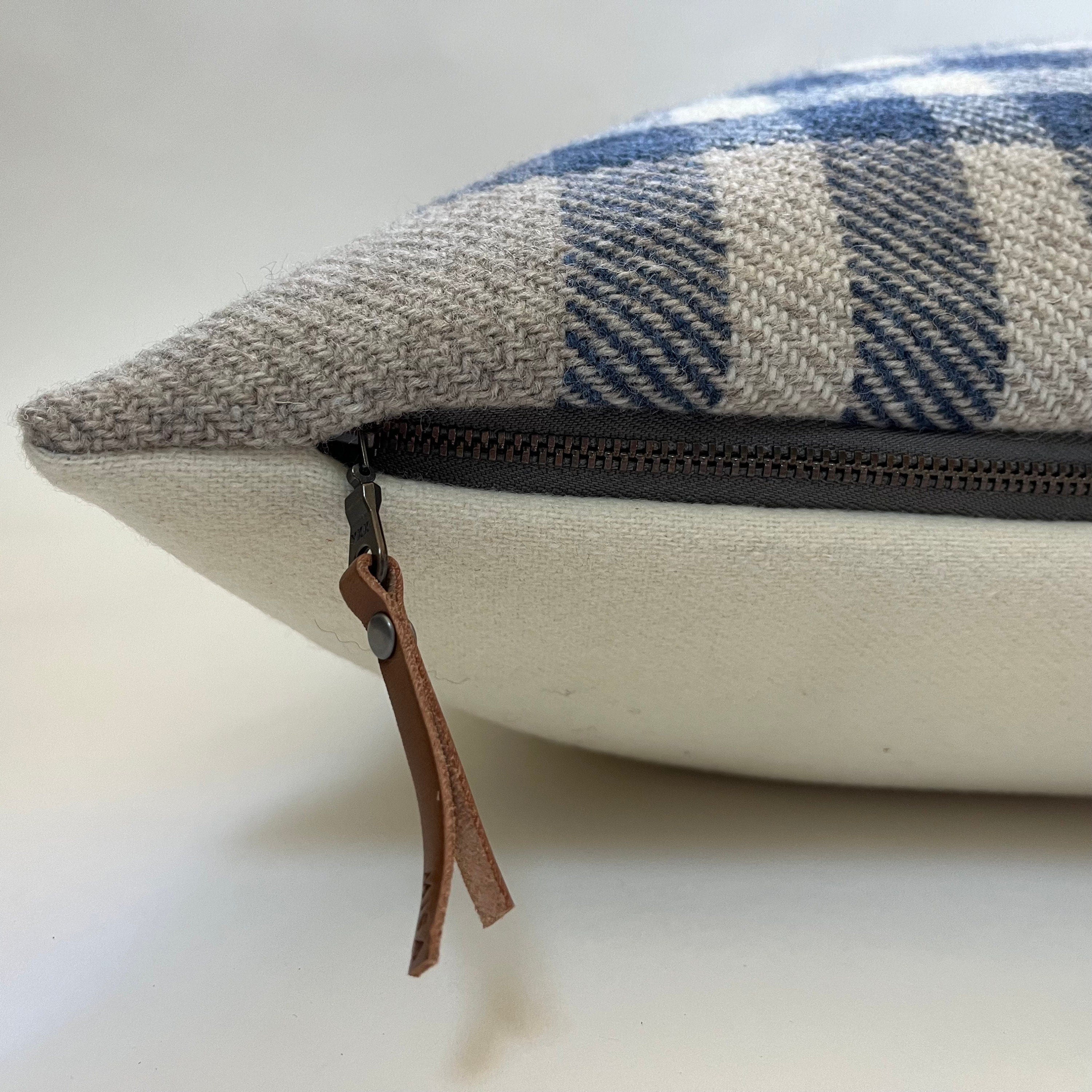 Blue and tan plaid wool pillow cover blue checked exposed zipper-leather pull 20” 22” 24” 14x24 handmade