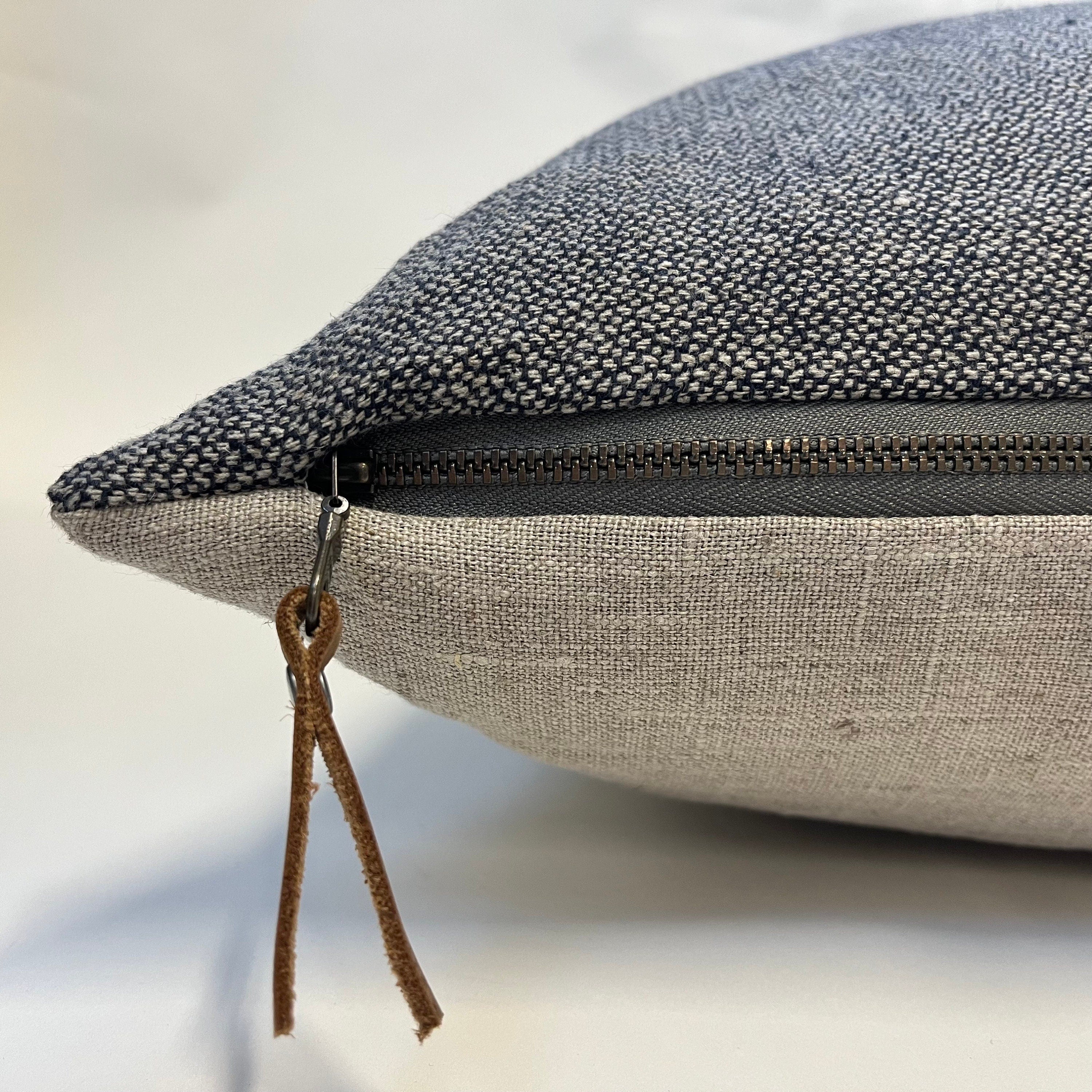 Navy Spotted Linen Pillow Cover: Exposed Zipper, Leather Pull