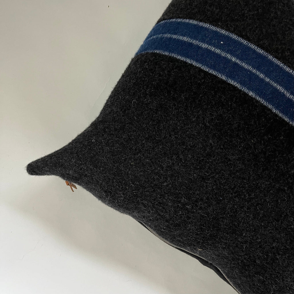 Wool Pillow Gray Plaid Throw Pillow with Blue Stripe