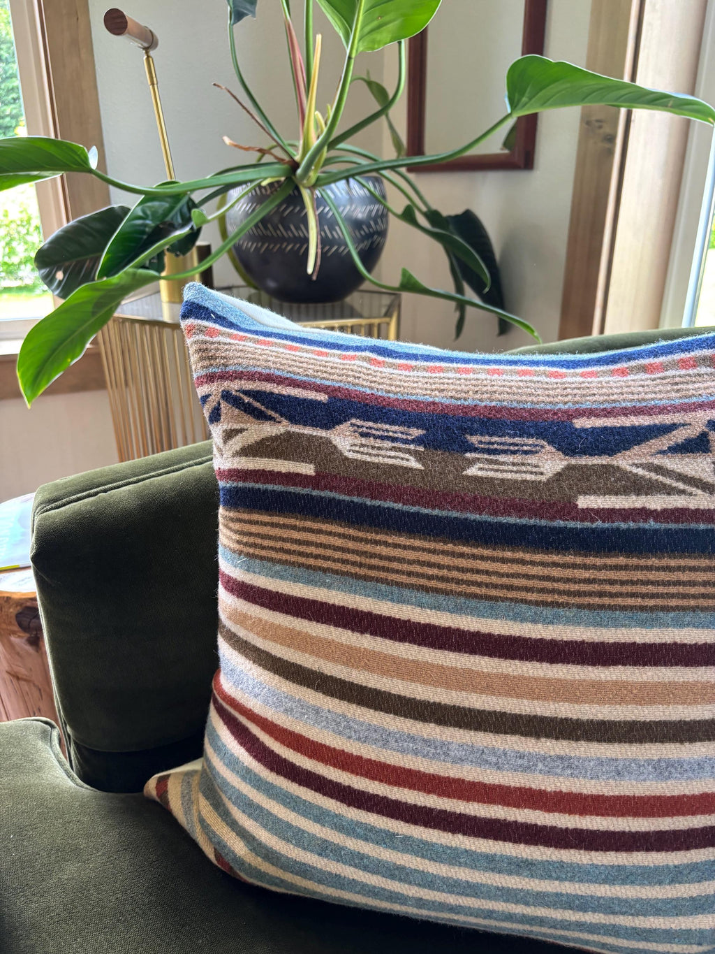 Wool Pillow Cover: Tans and rust striped Aztec Design, Leather Pull (20x20)
